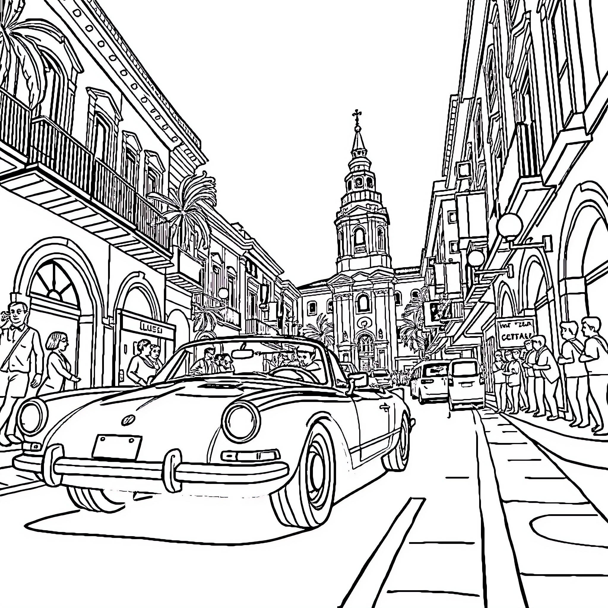 Car driving through busy European city street Coloring Page (free black-and-white line drawing printable PDF for all, from beginners to advanced learners, including children, teens, adults, and seniors)