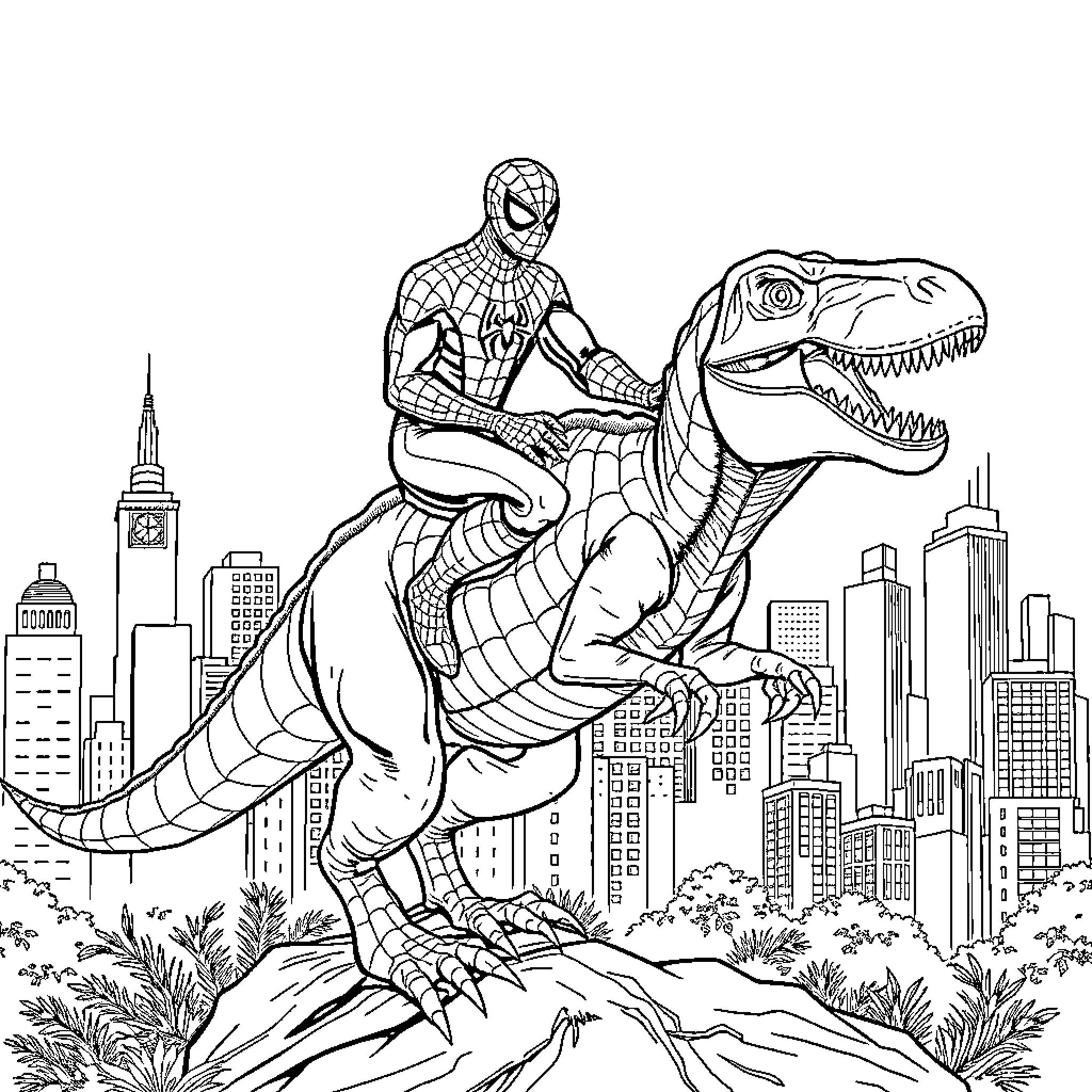 Spiderman riding a dinosaur in the city Coloring Page (free black-and-white line drawing printable PDF for all, from beginners to advanced learners, including children, teens, adults, and seniors)