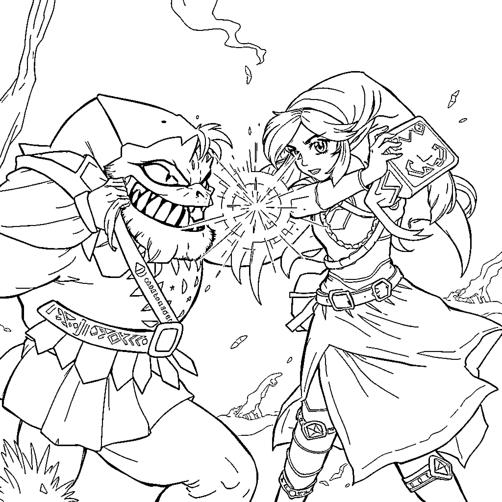 Zelda's heroic battle against a monstrous foe Coloring Page (free black-and-white line drawing printable PDF for all, from beginners to advanced learners, including children, teens, adults, and seniors)