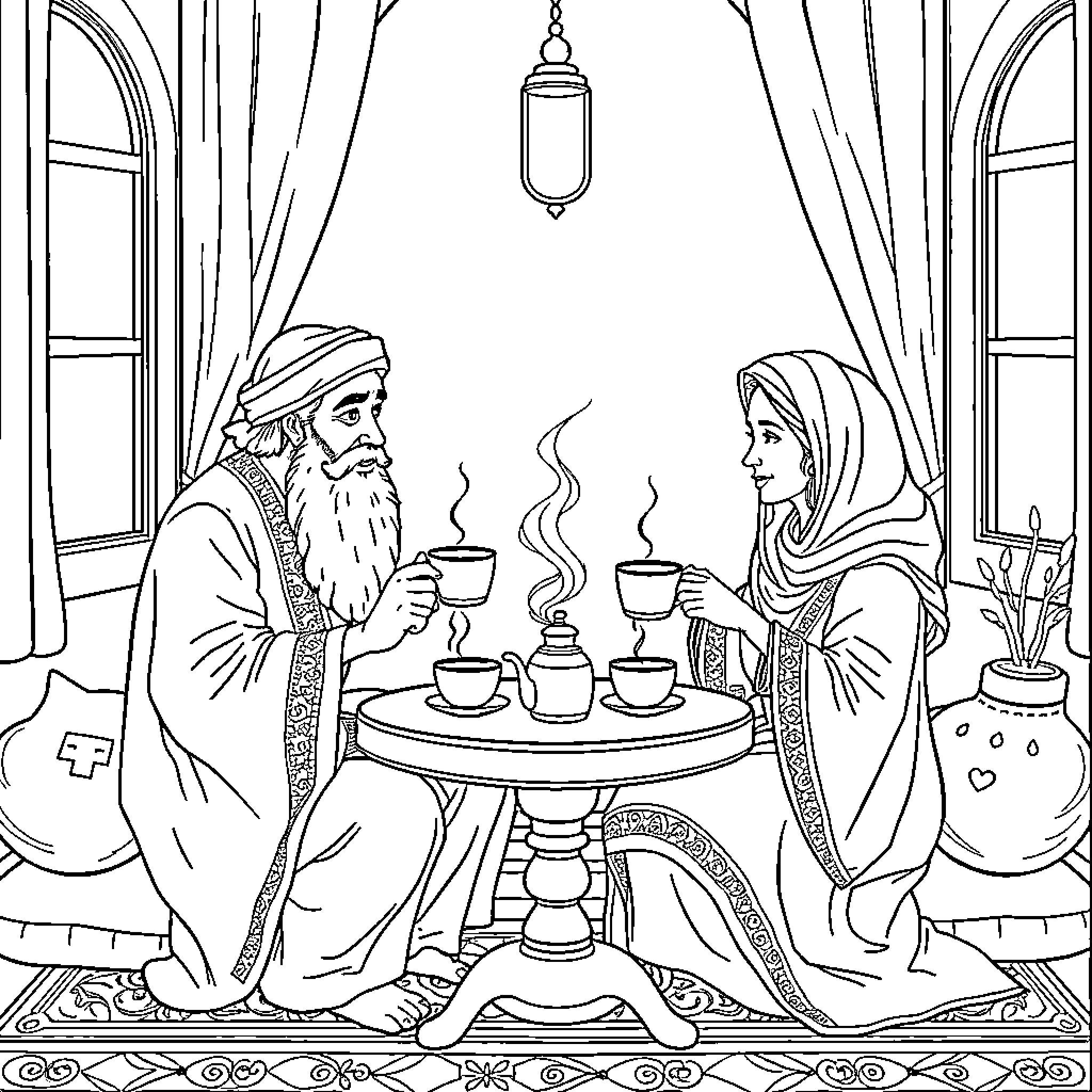 Rumi enjoying conversation and tea with a companion Coloring Page (free black-and-white line drawing printable PDF for all, from beginners to advanced learners, including children, teens, adults, and seniors)