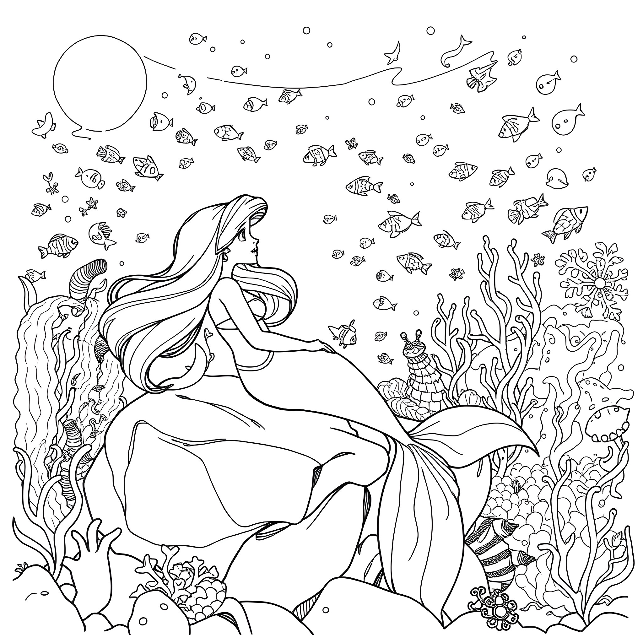 Mermaid swimming in the colorful underwater world Coloring Page (free black-and-white line drawing printable PDF for all, from beginners to advanced learners, including children, teens, adults, and seniors)