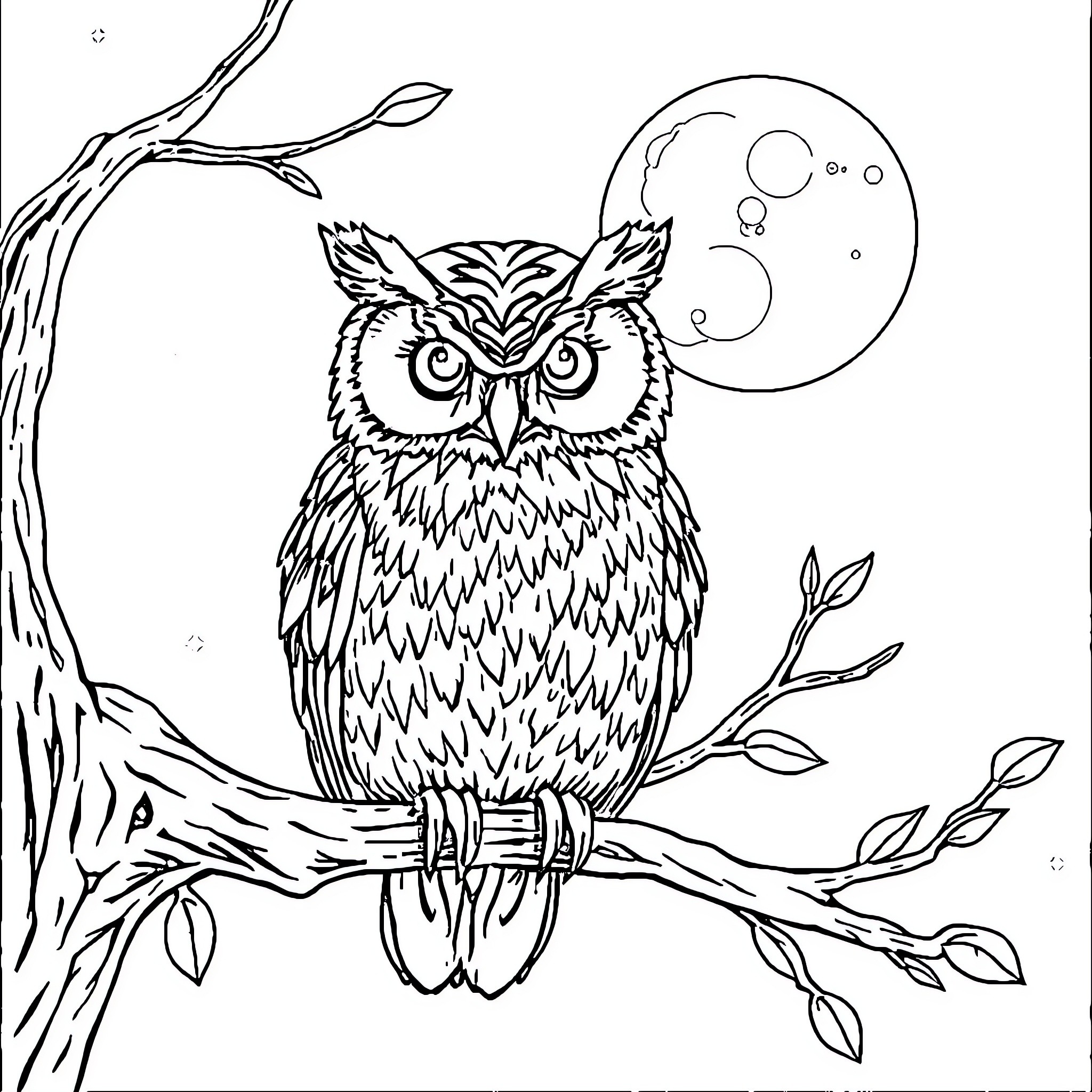 Owl perched on a branch under the moonlight Coloring Page (free black-and-white line drawing printable PDF for all, from beginners to advanced learners, including children, teens, adults, and seniors)