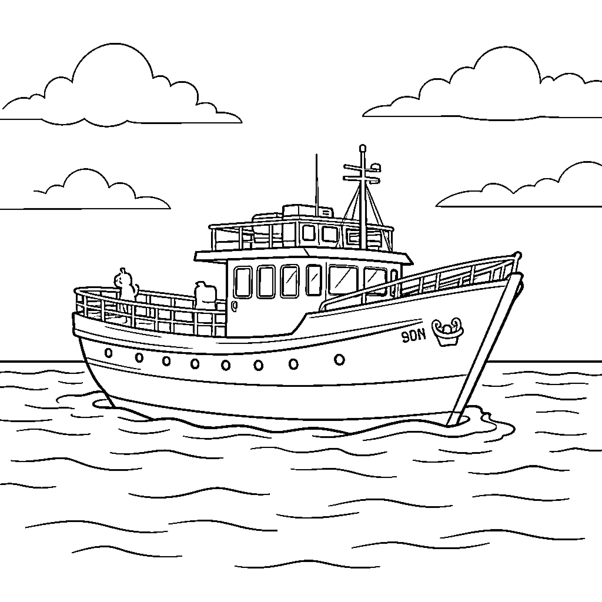 Barco sailing smoothly across the ocean waves Coloring Page (free black-and-white line drawing printable PDF for all, from beginners to advanced learners, including children, teens, adults, and seniors)