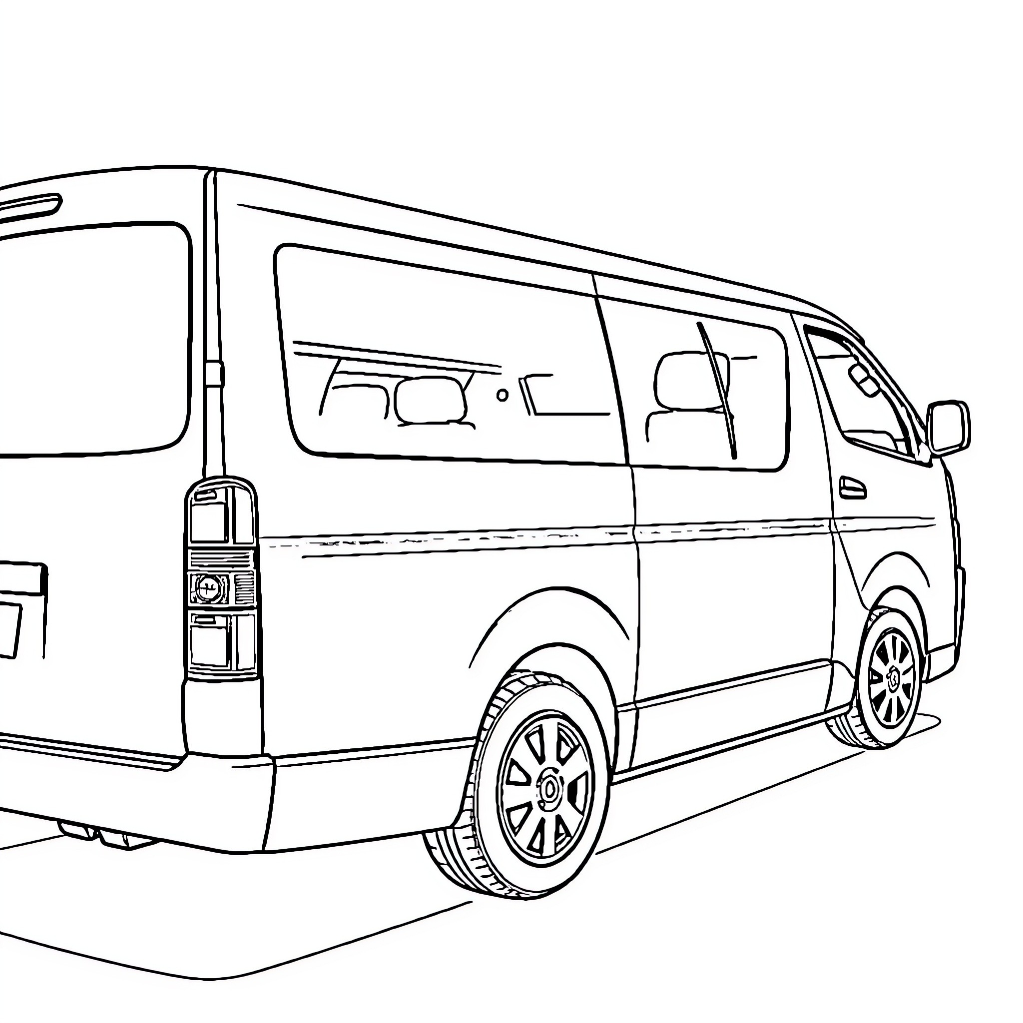 Toyota Highace Minivan in Simple Outline Coloring Page (free black-and-white line drawing printable PDF for all, from beginners to advanced learners, including children, teens, adults, and seniors)
