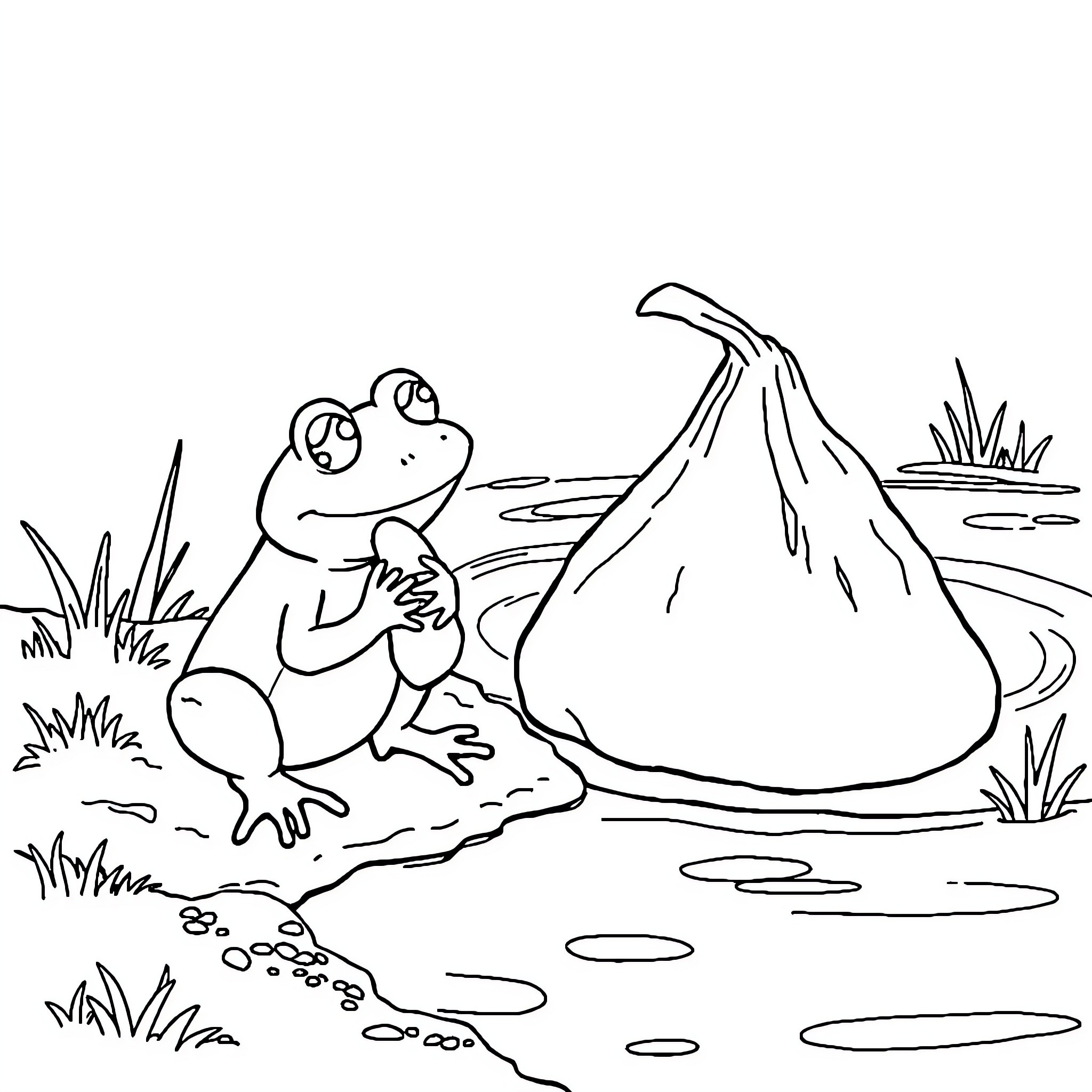 Frog relaxing by the pond Coloring Page (free black-and-white line drawing printable PDF for all, from beginners to advanced learners, including children, teens, adults, and seniors)