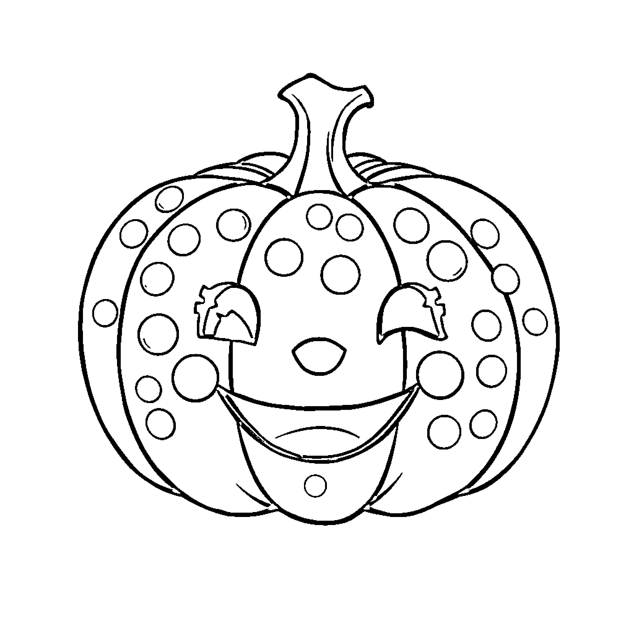 Pumpkin with Polka Dots and Happy Expression Coloring Page (free black-and-white line drawing printable PDF for all, from beginners to advanced learners, including children, teens, adults, and seniors)