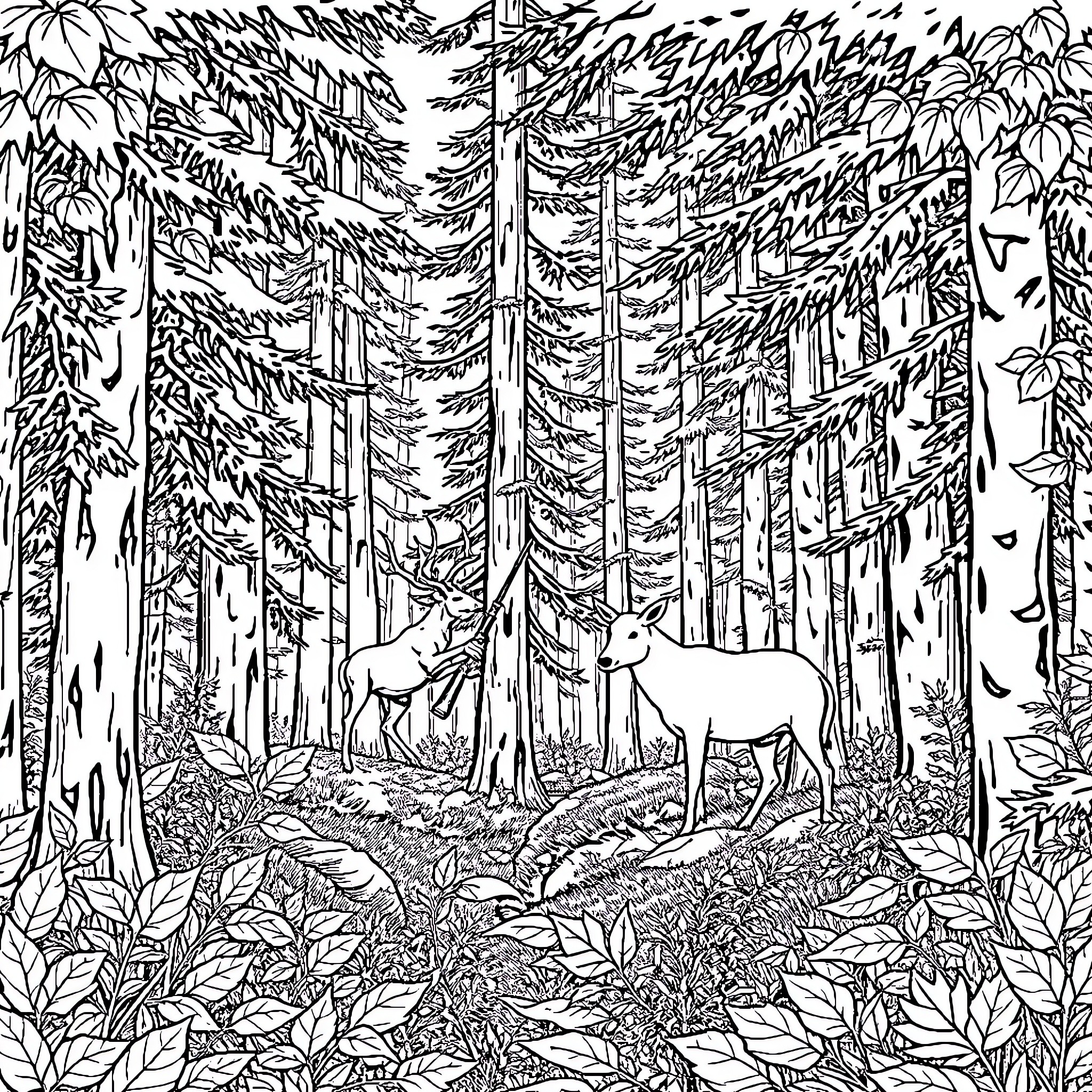 Hunting for prey in the dense forest Coloring Page (free black-and-white line drawing printable PDF for all, from beginners to advanced learners, including children, teens, adults, and seniors)