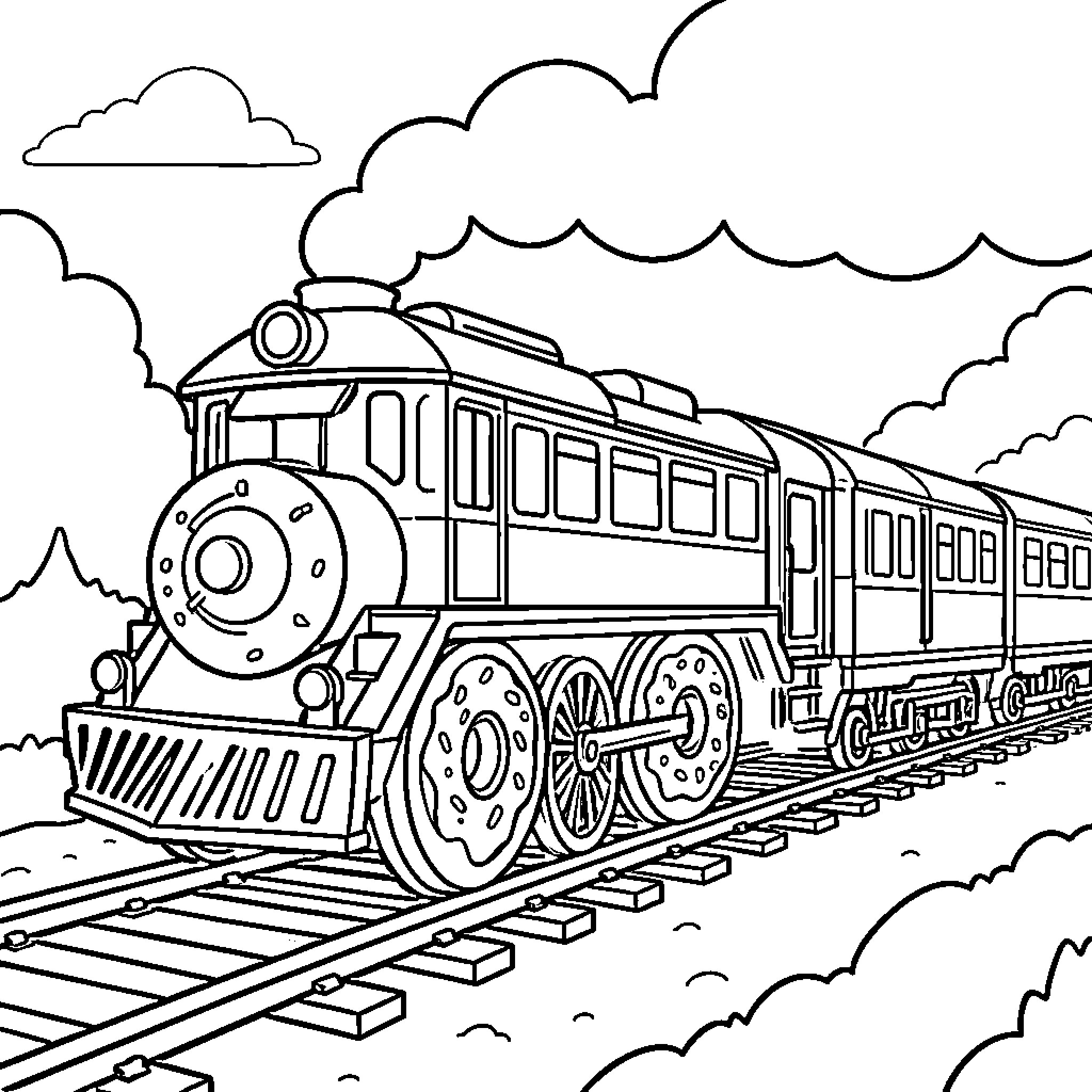 Train traveling along the tracks through the clouds Coloring Page (free black-and-white line drawing printable PDF for all, from beginners to advanced learners, including children, teens, adults, and seniors)