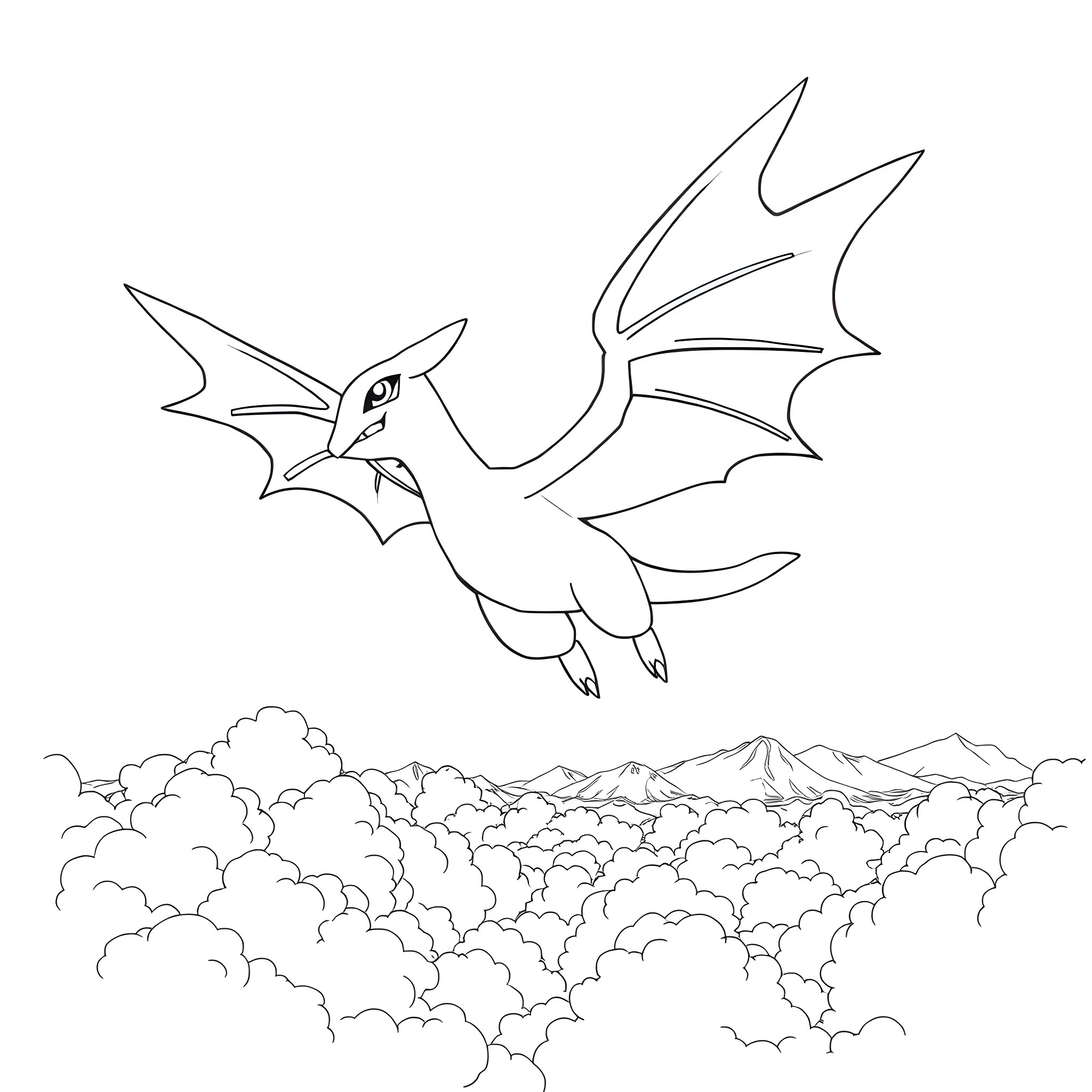 Pokémon soaring through the cloudy skies Coloring Page (free black-and-white line drawing printable PDF for all, from beginners to advanced learners, including children, teens, adults, and seniors)