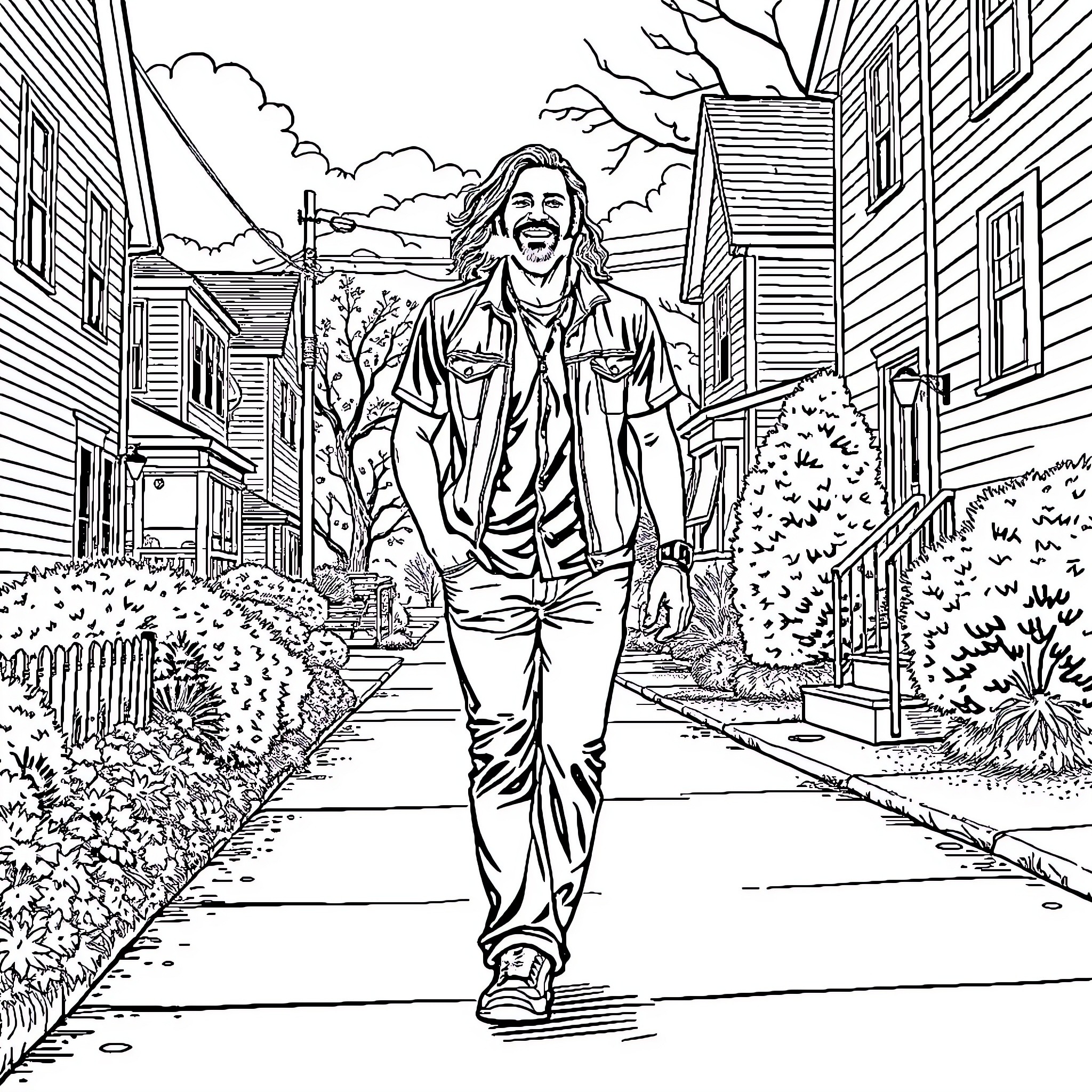 Eddie Vedder walking down a neighborhood street Coloring Page (free black-and-white line drawing printable PDF for all, from beginners to advanced learners, including children, teens, adults, and seniors)