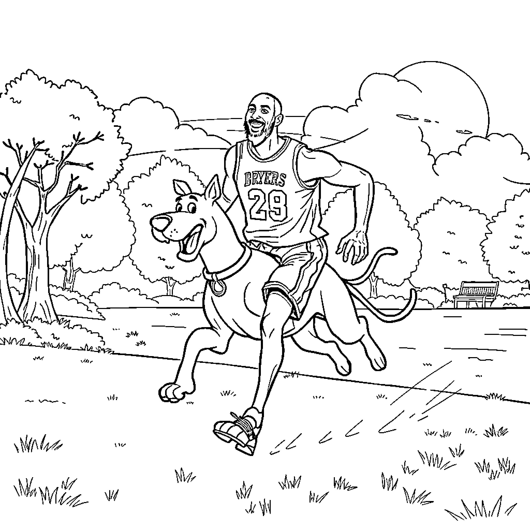 Kobe Bryant running with his dog on the field Coloring Page (free black-and-white line drawing printable PDF for all, from beginners to advanced learners, including children, teens, adults, and seniors)