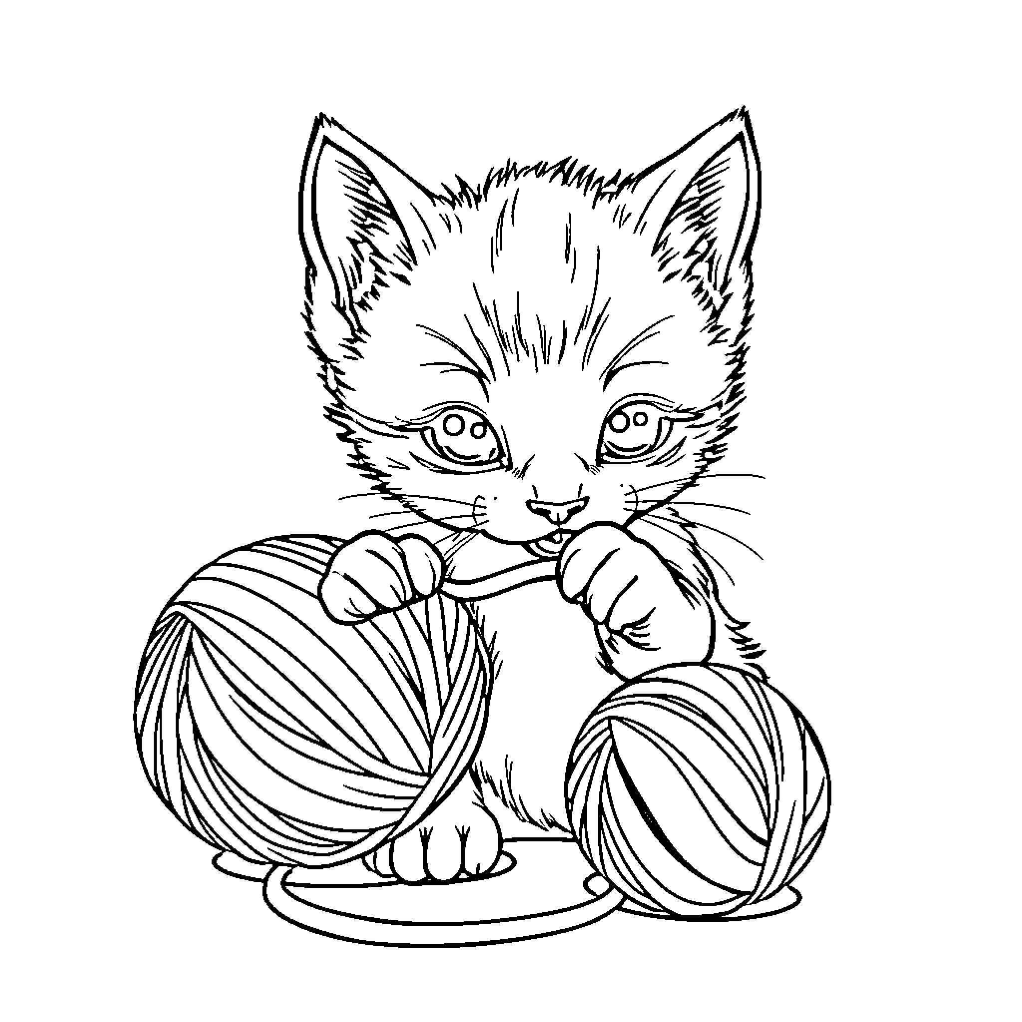 Kitten playing with yarn balls Coloring Page (free black-and-white line drawing printable PDF for all, from beginners to advanced learners, including children, teens, adults, and seniors)