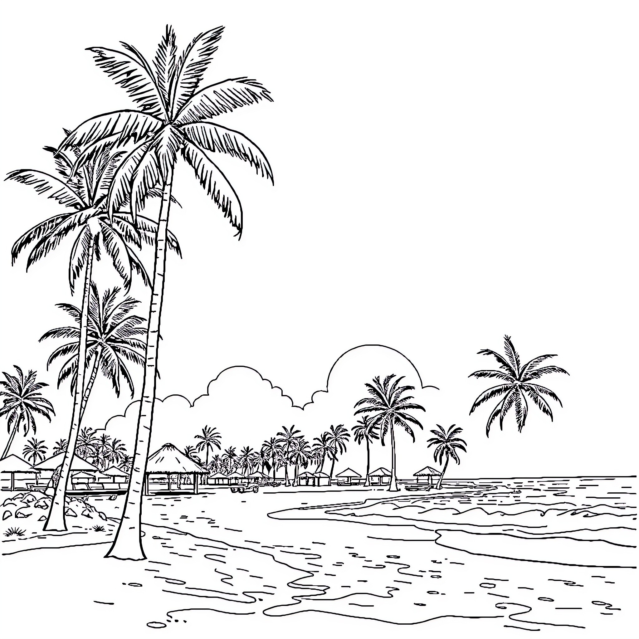 Palm Tree Tropical Island Landscape Coloring Page (free black-and-white line drawing printable PDF for all, from beginners to advanced learners, including children, teens, adults, and seniors)