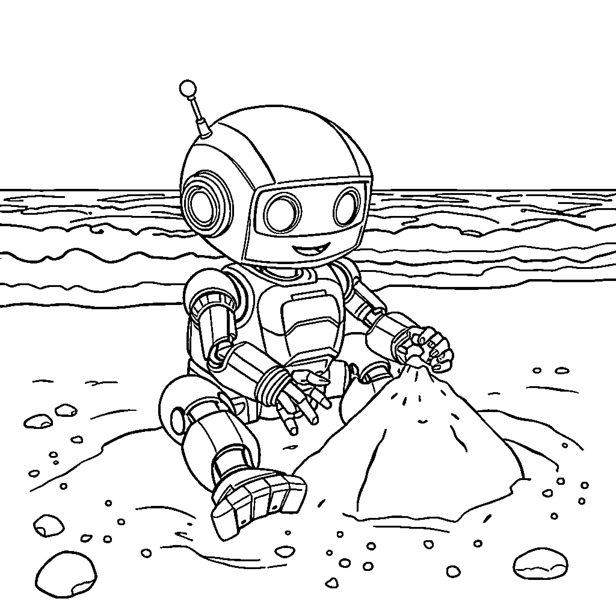 Robot playing in the ocean Coloring Page (free black-and-white line drawing printable PDF for all, from beginners to advanced learners, including children, teens, adults, and seniors)