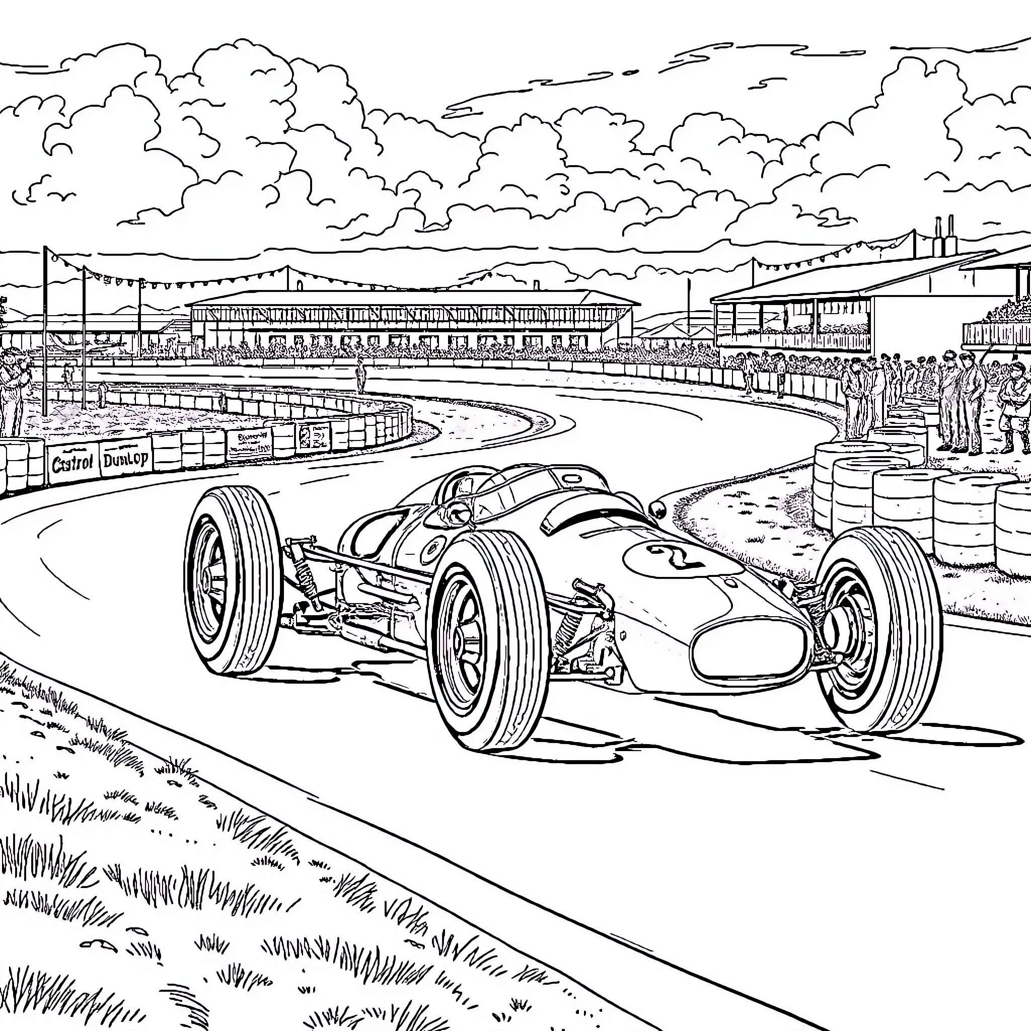 Formula 1 Race Cars Speeding on the Track Coloring Page (free black-and-white line drawing printable PDF for all, from beginners to advanced learners, including children, teens, adults, and seniors)