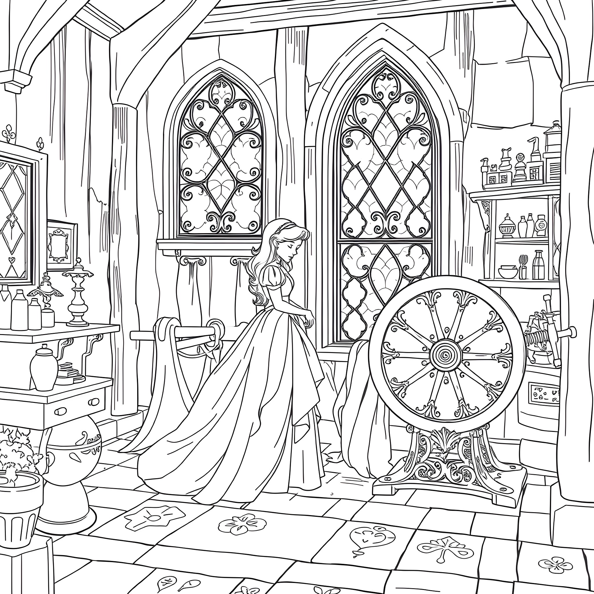 Sleeping Beauty in a Fairy Tale Castle Interior Coloring Page (free black-and-white line drawing printable PDF for all, from beginners to advanced learners, including children, teens, adults, and seniors)