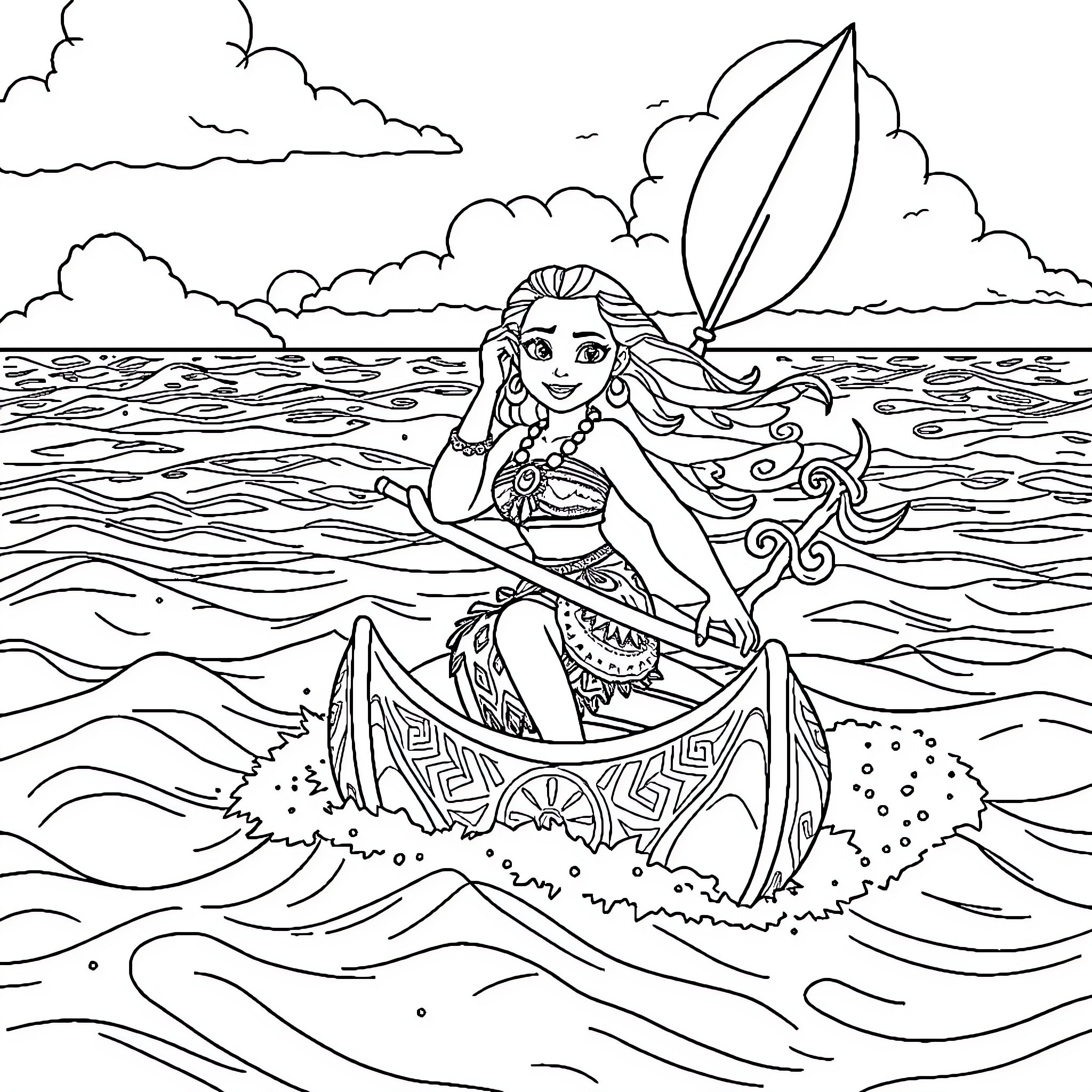 Moana sailing on the open ocean Coloring Page (free black-and-white line drawing printable PDF for all, from beginners to advanced learners, including children, teens, adults, and seniors)