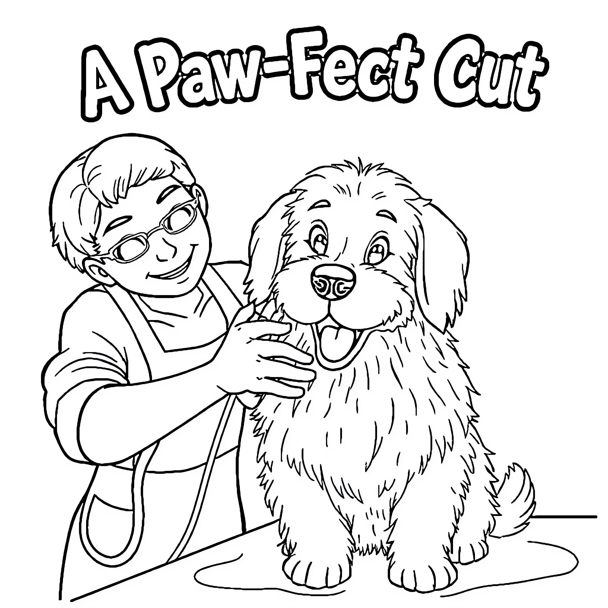 Dog receiving a paw-fect grooming Coloring Page (free black-and-white line drawing printable PDF for all, from beginners to advanced learners, including children, teens, adults, and seniors)