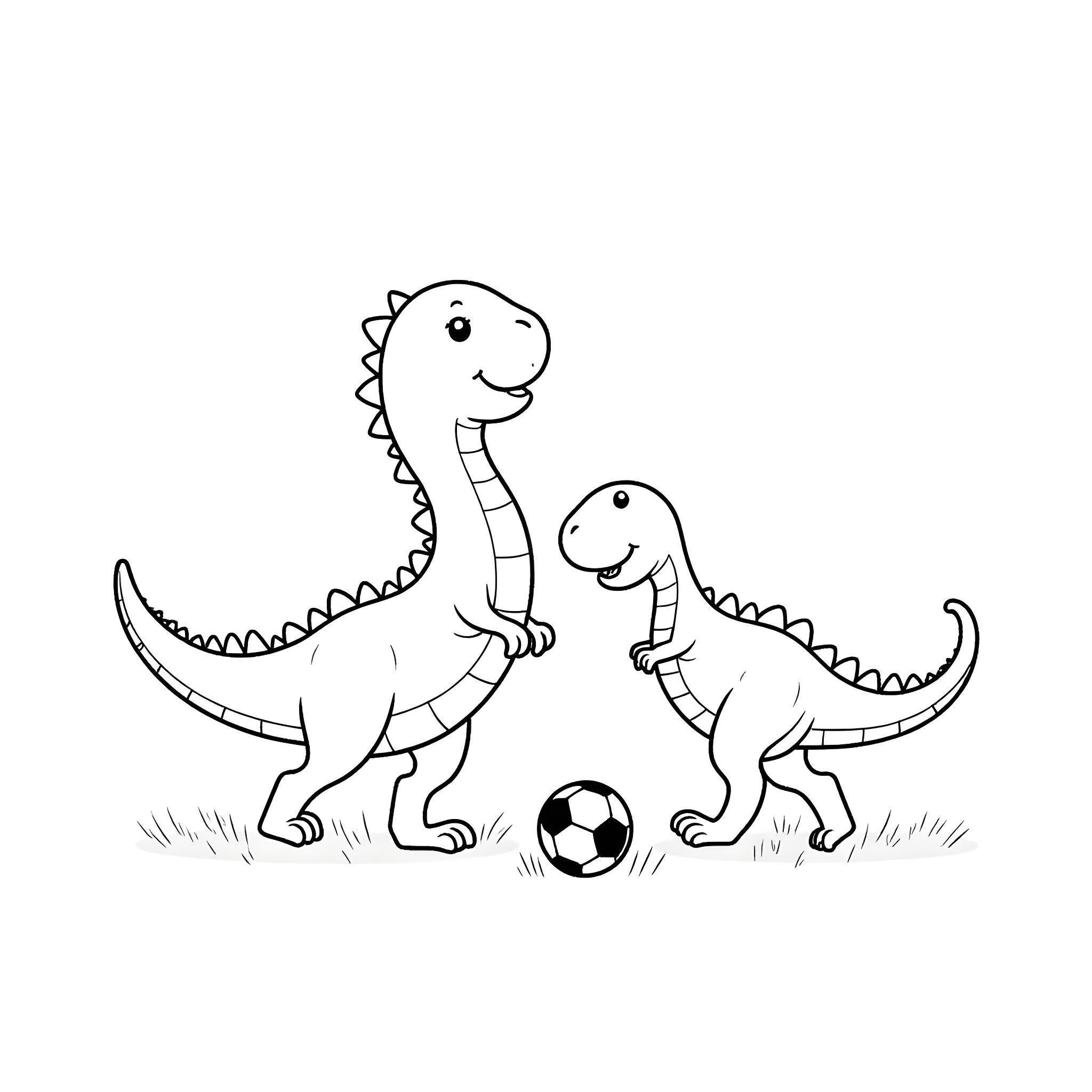 Dinosaurs playing with soccer ball in the park Coloring Page (free black-and-white line drawing printable PDF for all, from beginners to advanced learners, including children, teens, adults, and seniors)