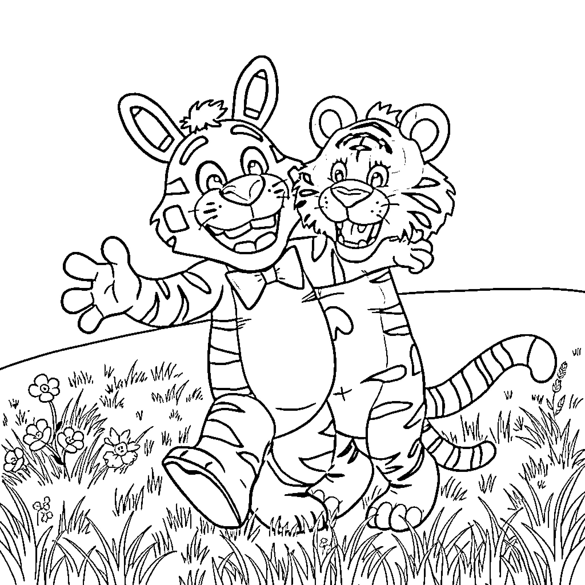 Springtrap characters in playful outdoor scene Coloring Page (free black-and-white line drawing printable PDF for all, from beginners to advanced learners, including children, teens, adults, and seniors)
