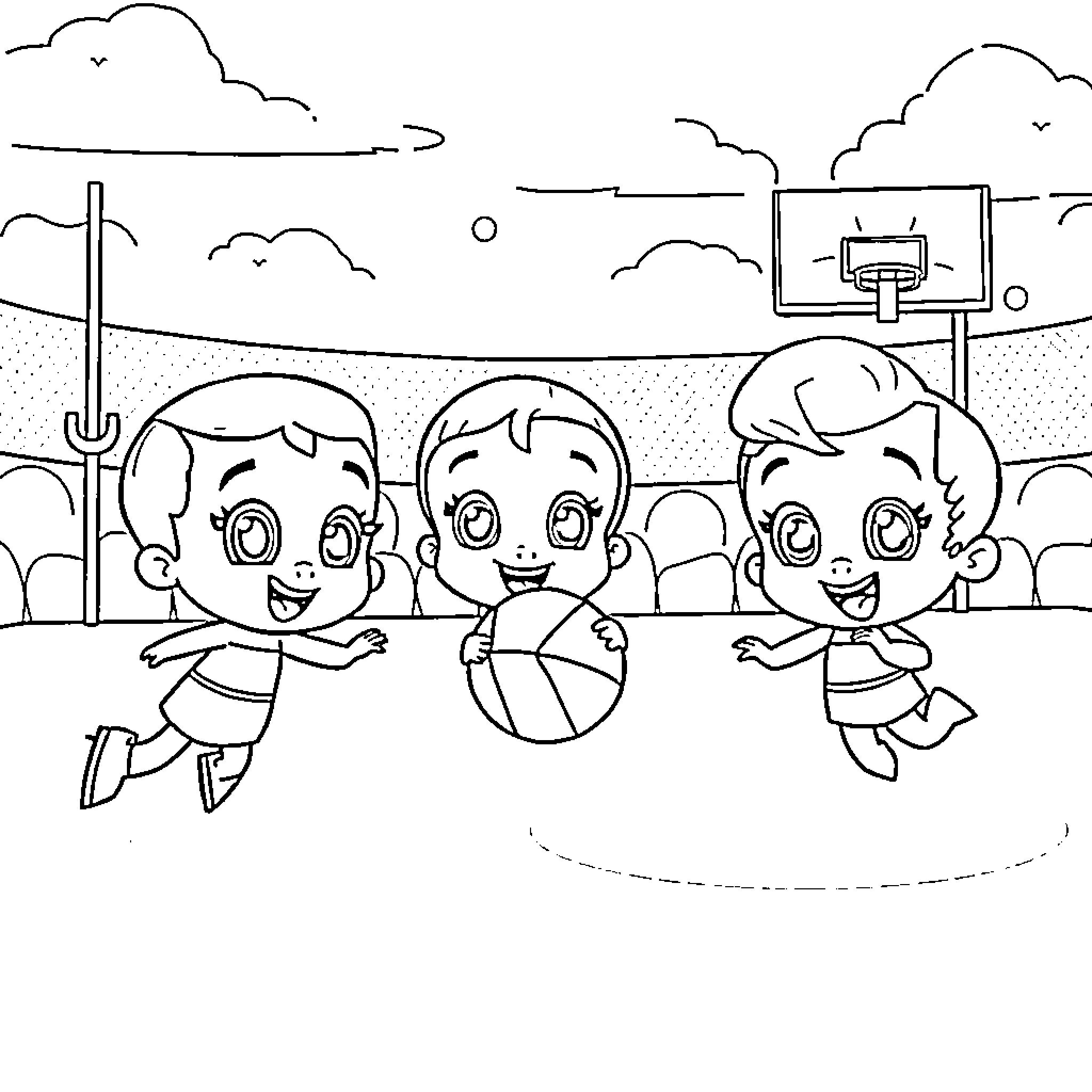 Bubble Guppies playing basketball on the court Coloring Page (free black-and-white line drawing printable PDF for all, from beginners to advanced learners, including children, teens, adults, and seniors)