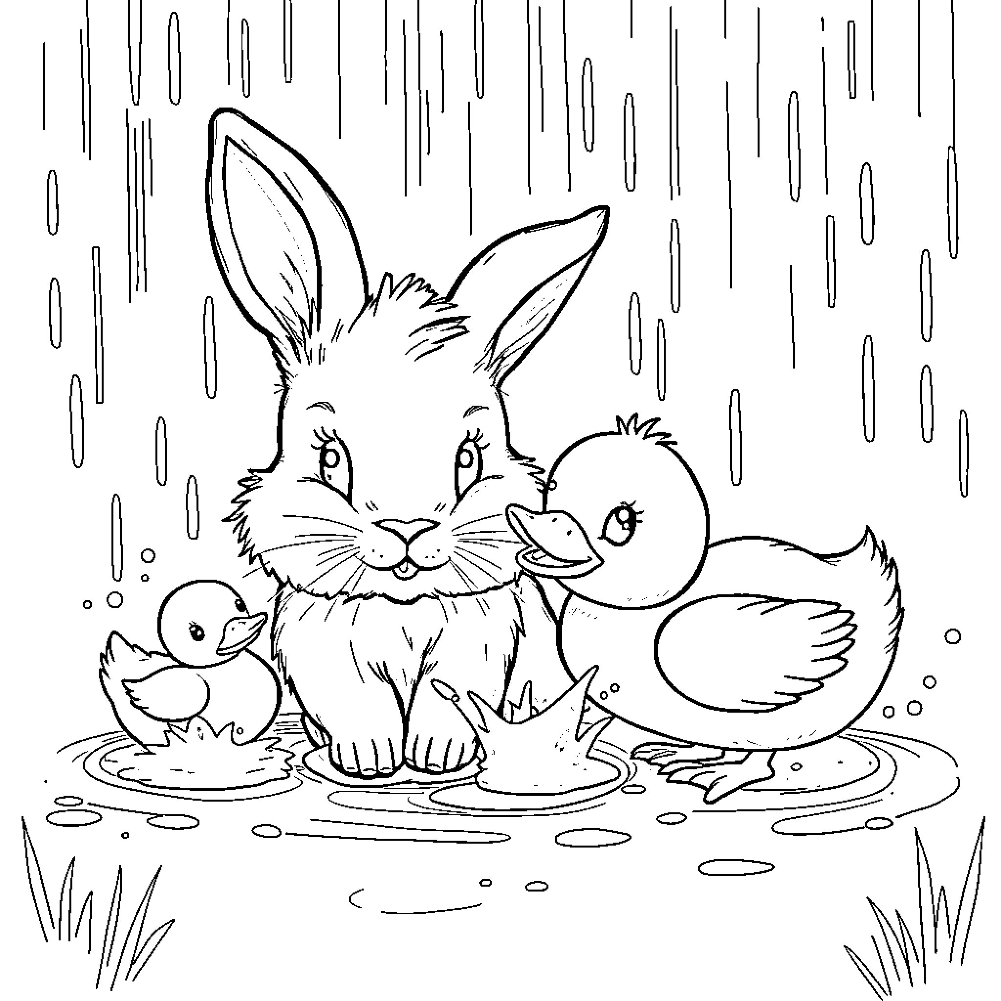 Rabbit and friends shelter from the rain Coloring Page (free black-and-white line drawing printable PDF for all, from beginners to advanced learners, including children, teens, adults, and seniors)