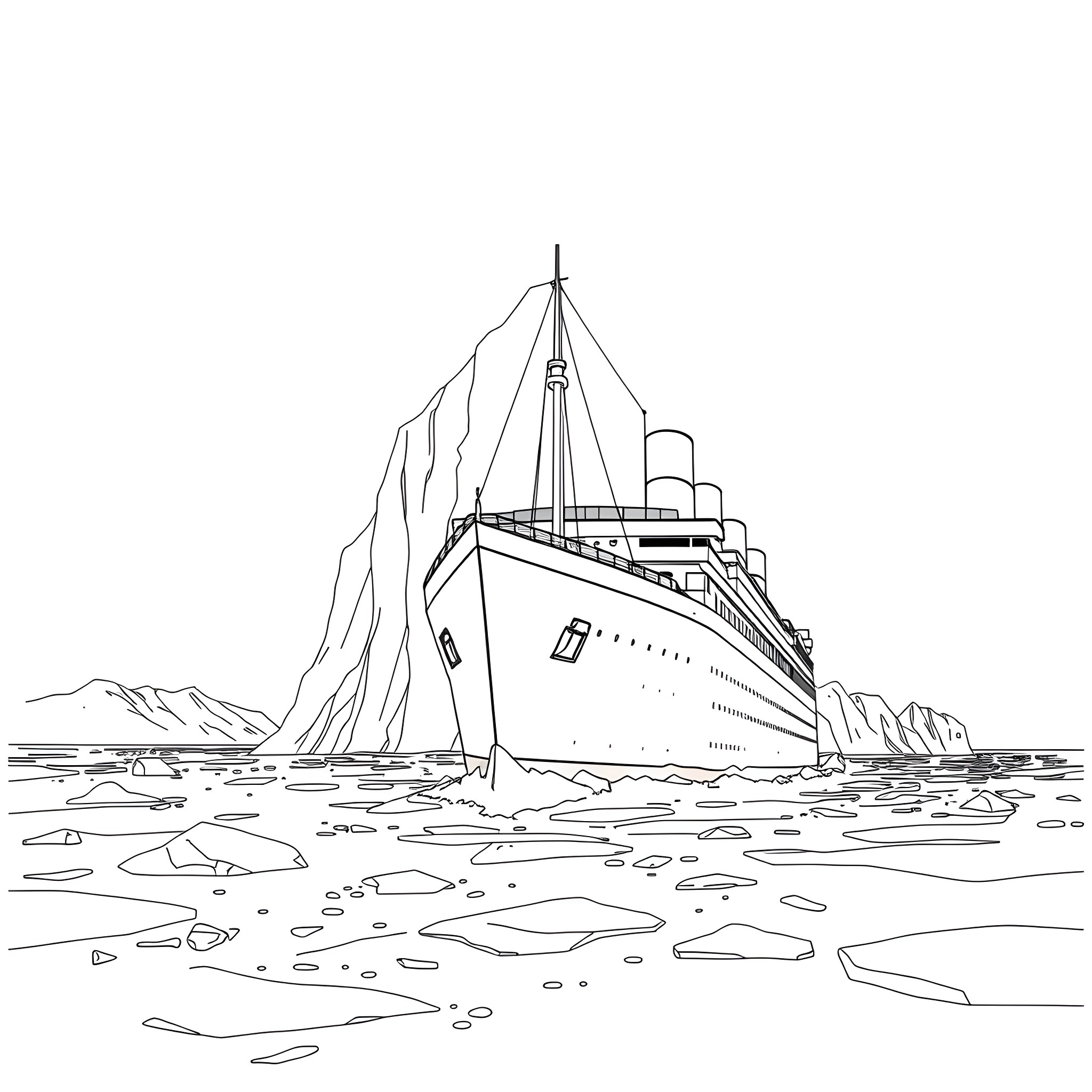 Titanic ship sailing in the open sea Coloring Page (free black-and-white line drawing printable PDF for all, from beginners to advanced learners, including children, teens, adults, and seniors)