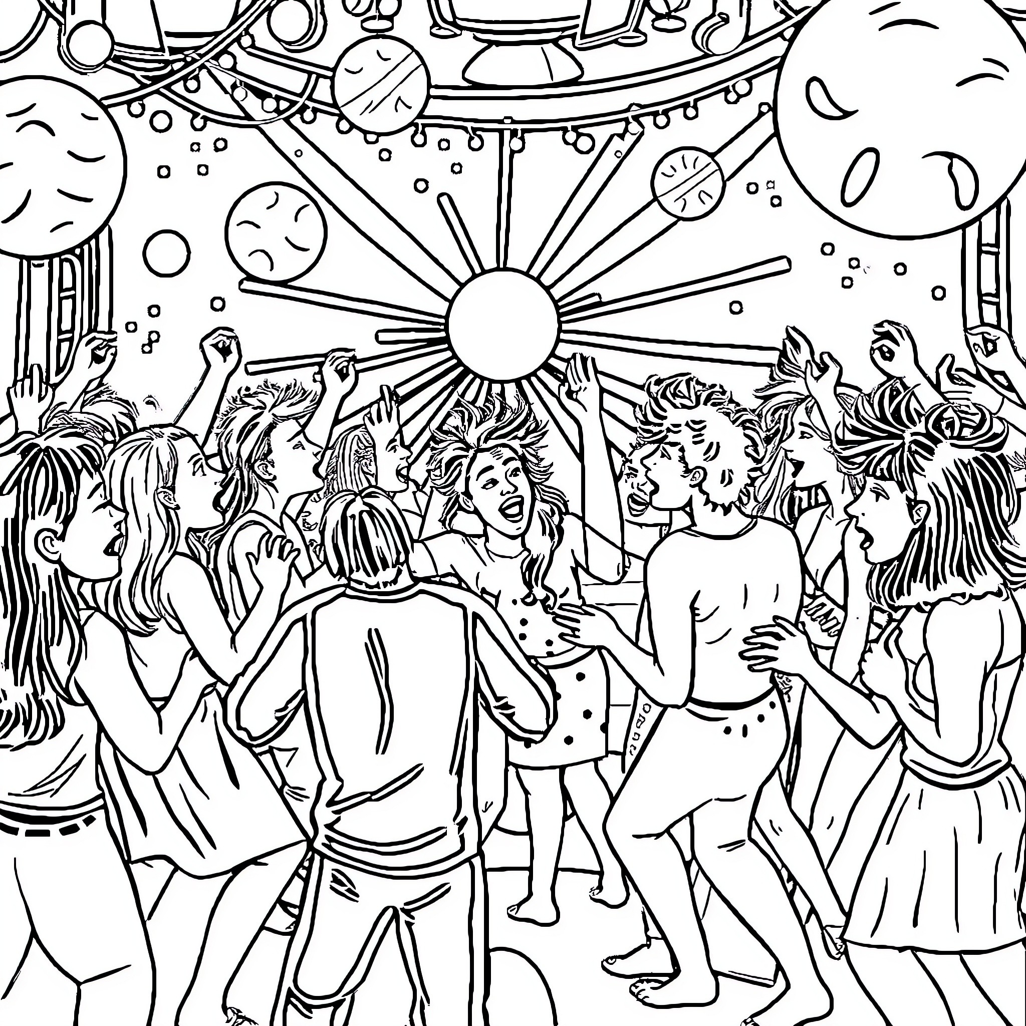 Nose Hair Dancing Celebration Under Sun Coloring Page (free black-and-white line drawing printable PDF for all, from beginners to advanced learners, including children, teens, adults, and seniors)