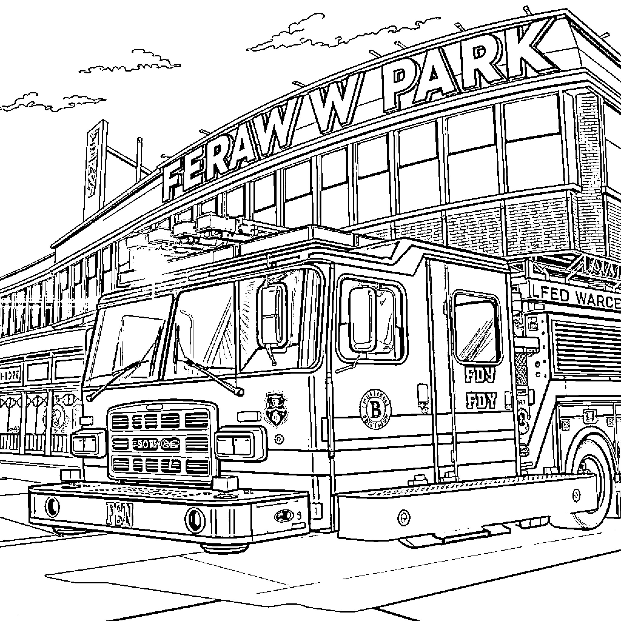 Fdny Engine at Feraw Park Coloring Page (free black-and-white line drawing printable PDF for all, from beginners to advanced learners, including children, teens, adults, and seniors)