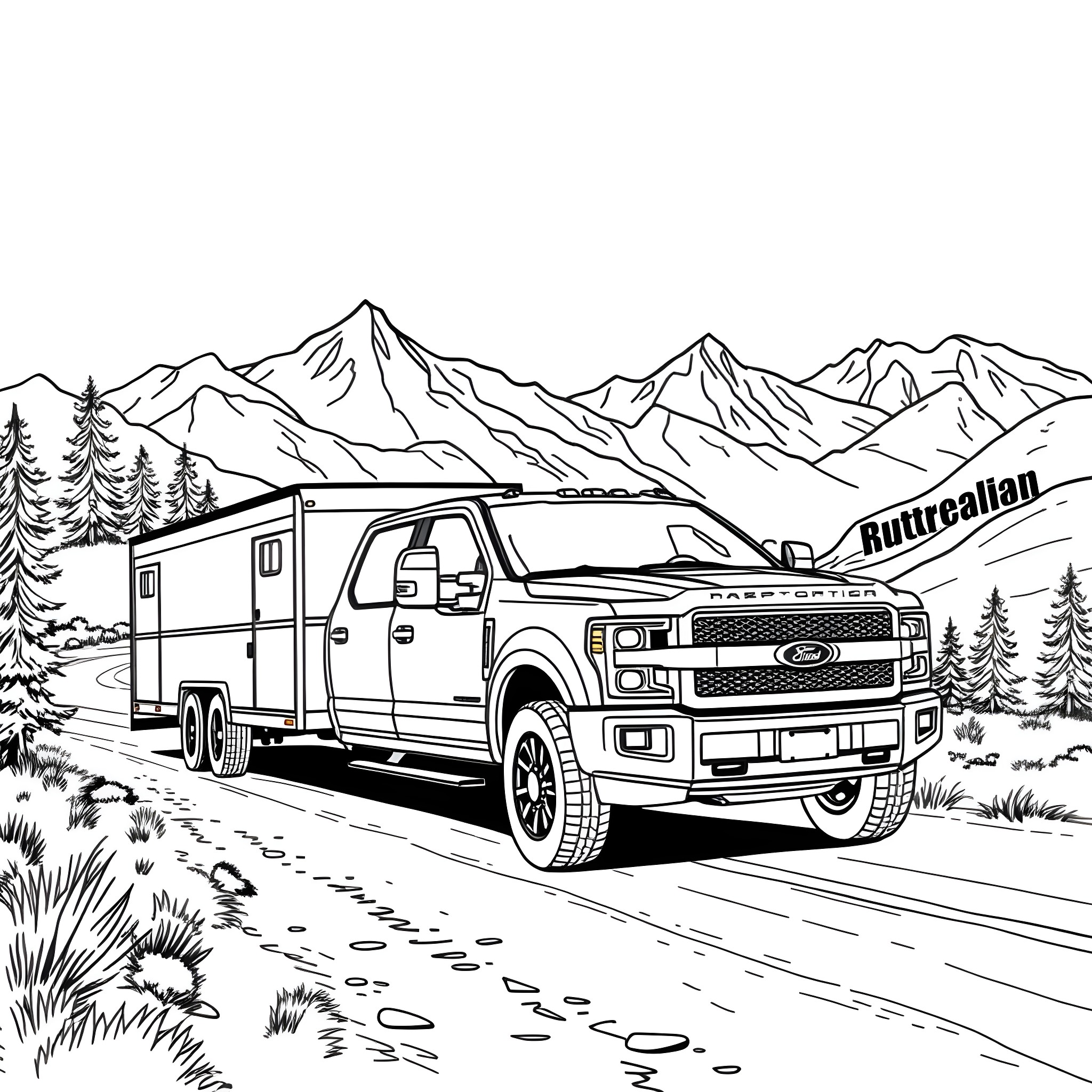 Pickup truck hauling trailer in mountain landscape Coloring Page (free black-and-white line drawing printable PDF for all, from beginners to advanced learners, including children, teens, adults, and seniors)