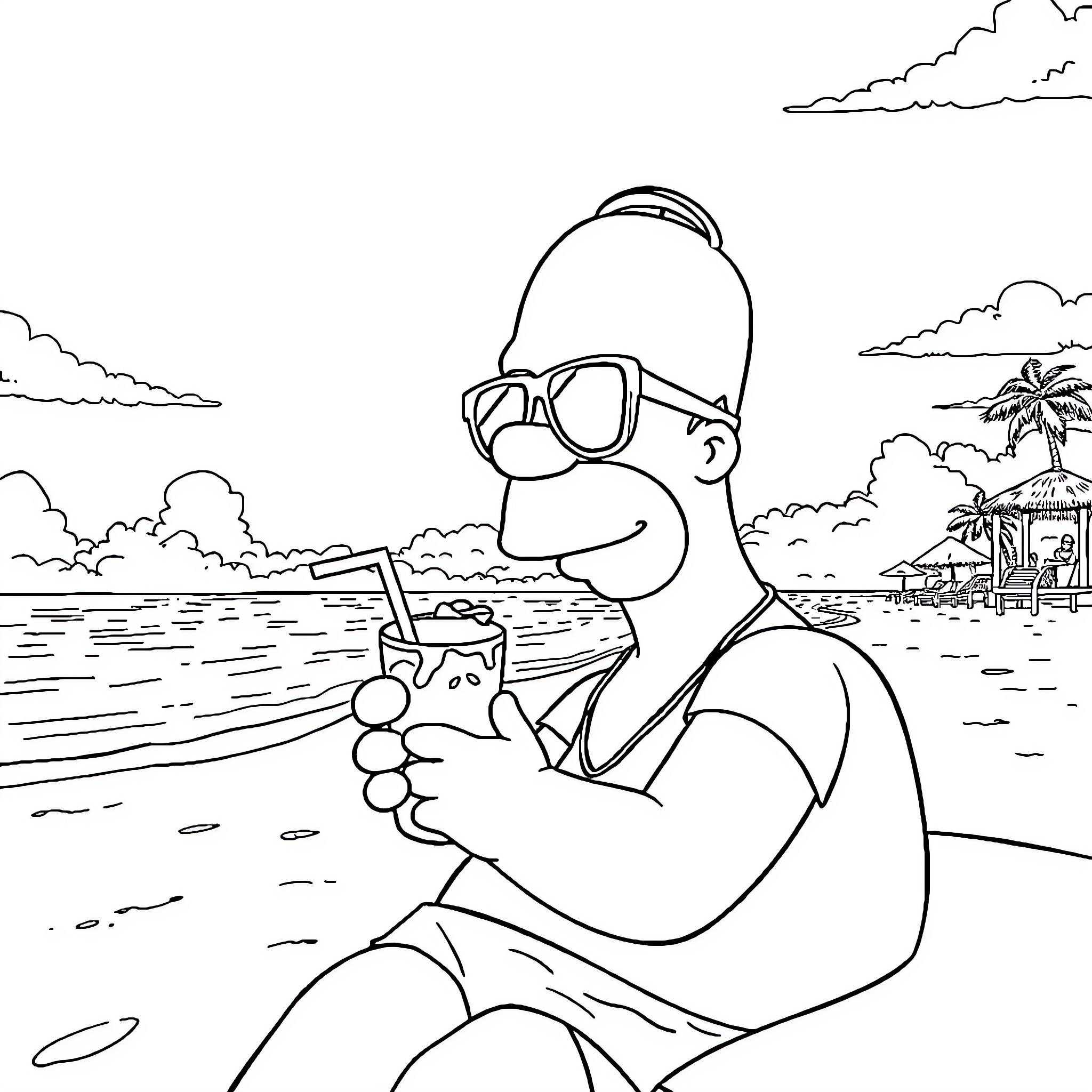 Homer Simpson relaxing with a tropical drink on the beach Coloring Page (free black-and-white line drawing printable PDF for all, from beginners to advanced learners, including children, teens, adults, and seniors)