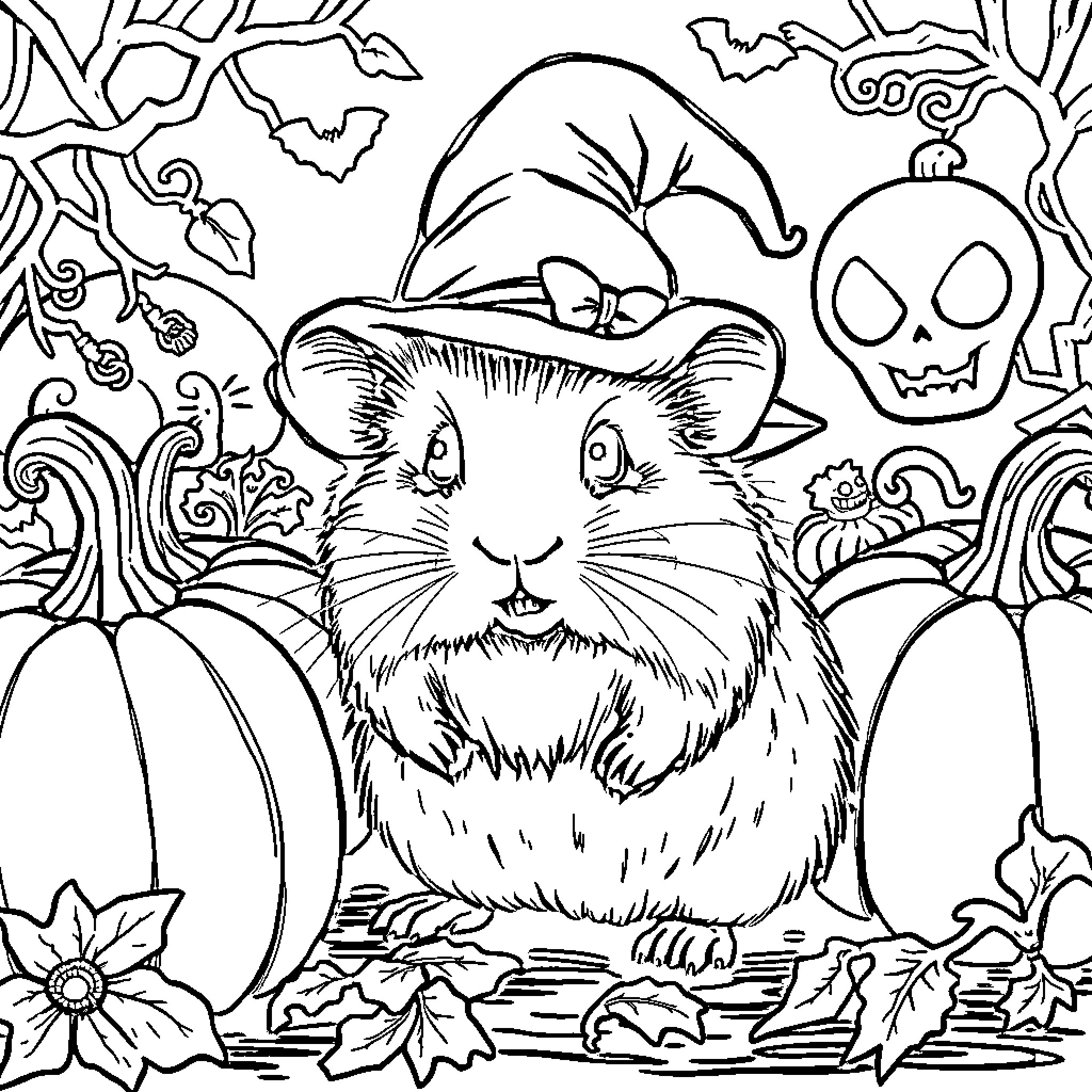 Hamster dressed up for Halloween with pumpkins Coloring Page (free black-and-white line drawing printable PDF for all, from beginners to advanced learners, including children, teens, adults, and seniors)