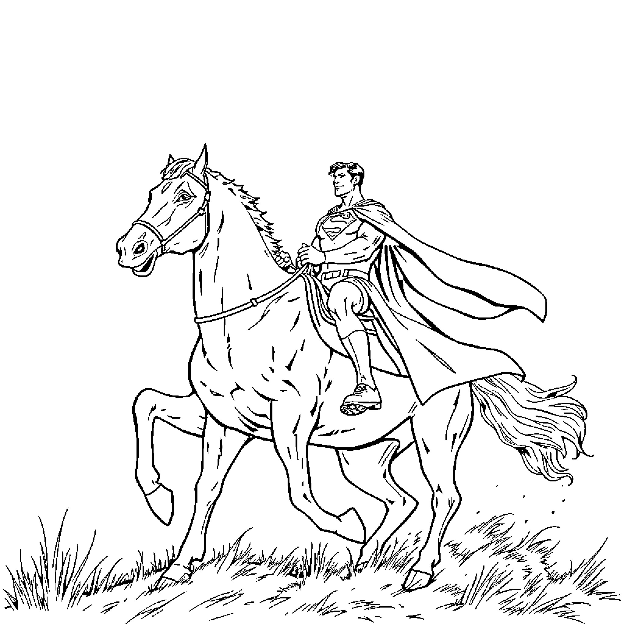 Superman riding a powerful horse in the countryside Coloring Page (free black-and-white line drawing printable PDF for all, from beginners to advanced learners, including children, teens, adults, and seniors)