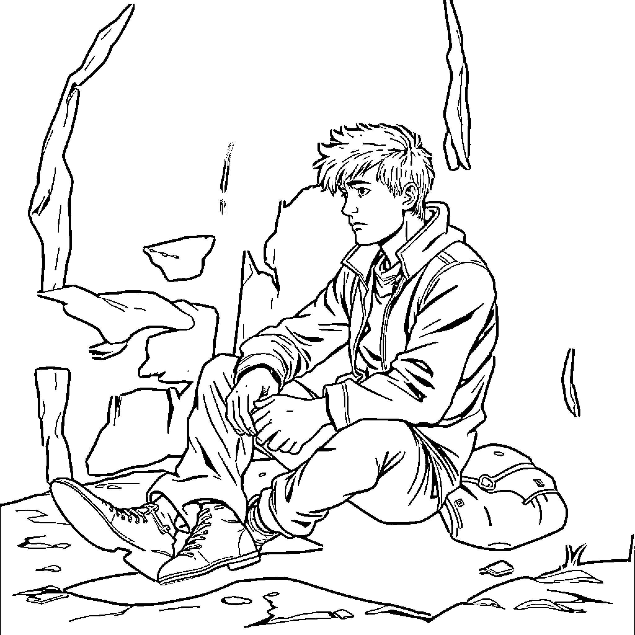 Tommyinnit contemplating in a natural setting Coloring Page (free black-and-white line drawing printable PDF for all, from beginners to advanced learners, including children, teens, adults, and seniors)