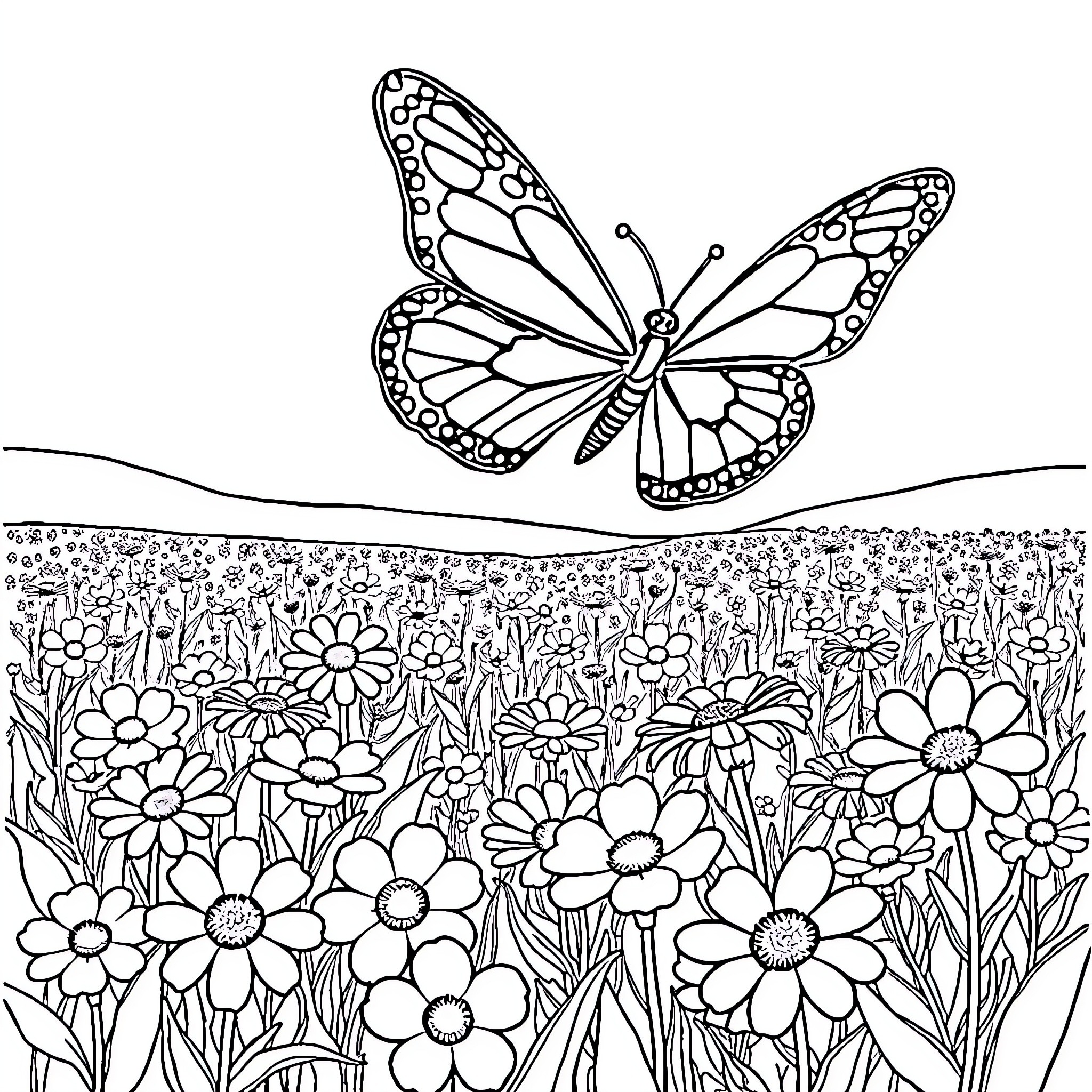 Butterfly soaring gracefully over a blooming meadow Coloring Page (free black-and-white line drawing printable PDF for all, from beginners to advanced learners, including children, teens, adults, and seniors)