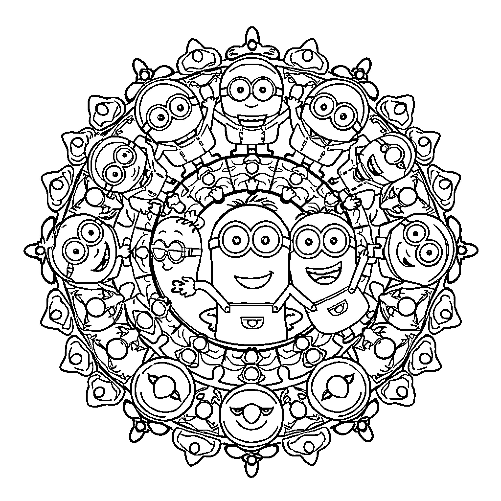 Mandala of Smiling Cartoon Characters Coloring Page (free black-and-white line drawing printable PDF for all, from beginners to advanced learners, including children, teens, adults, and seniors)