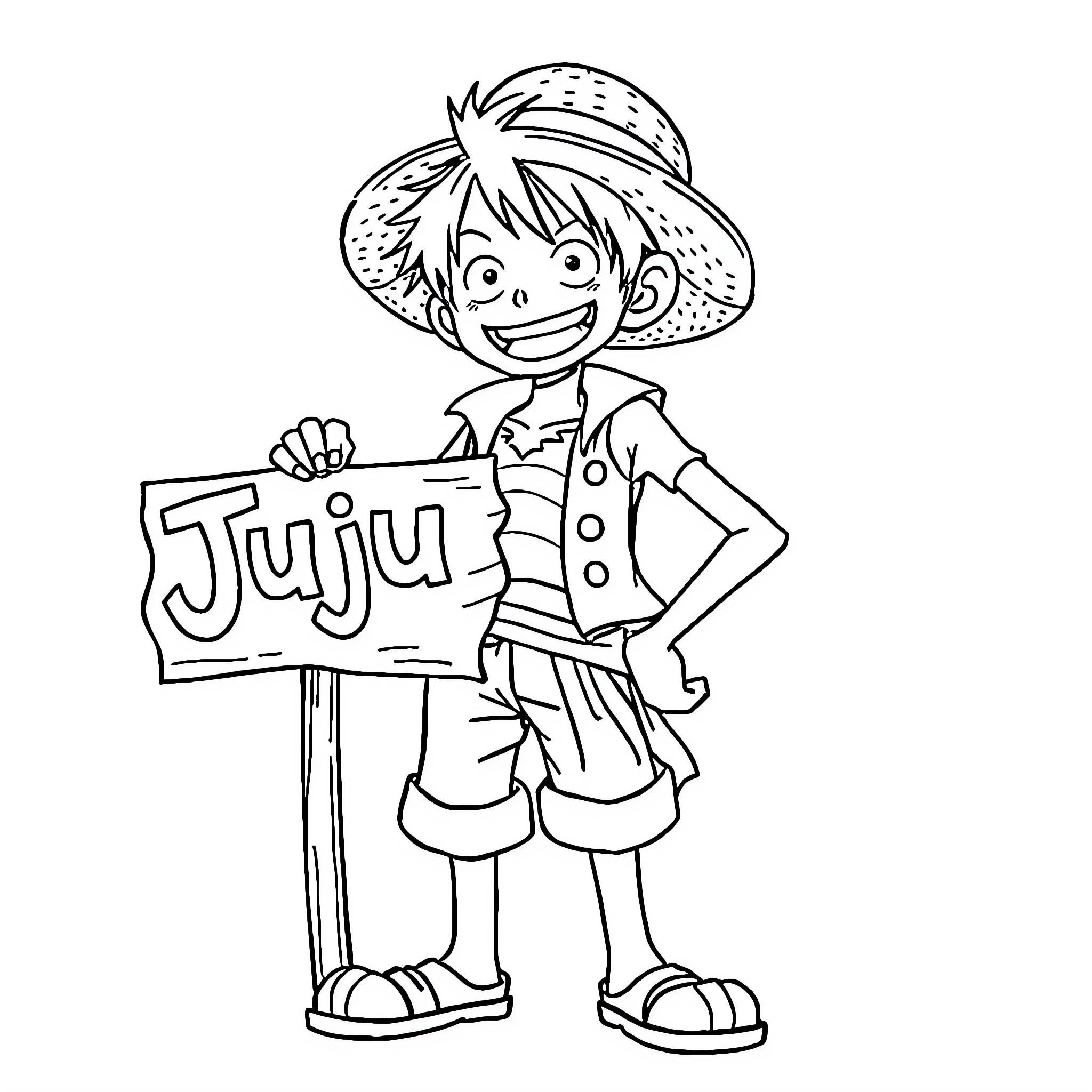 Monkey D Luffy happily holds 'Juju' sign Coloring Page (free black-and-white line drawing printable PDF for all, from beginners to advanced learners, including children, teens, adults, and seniors)