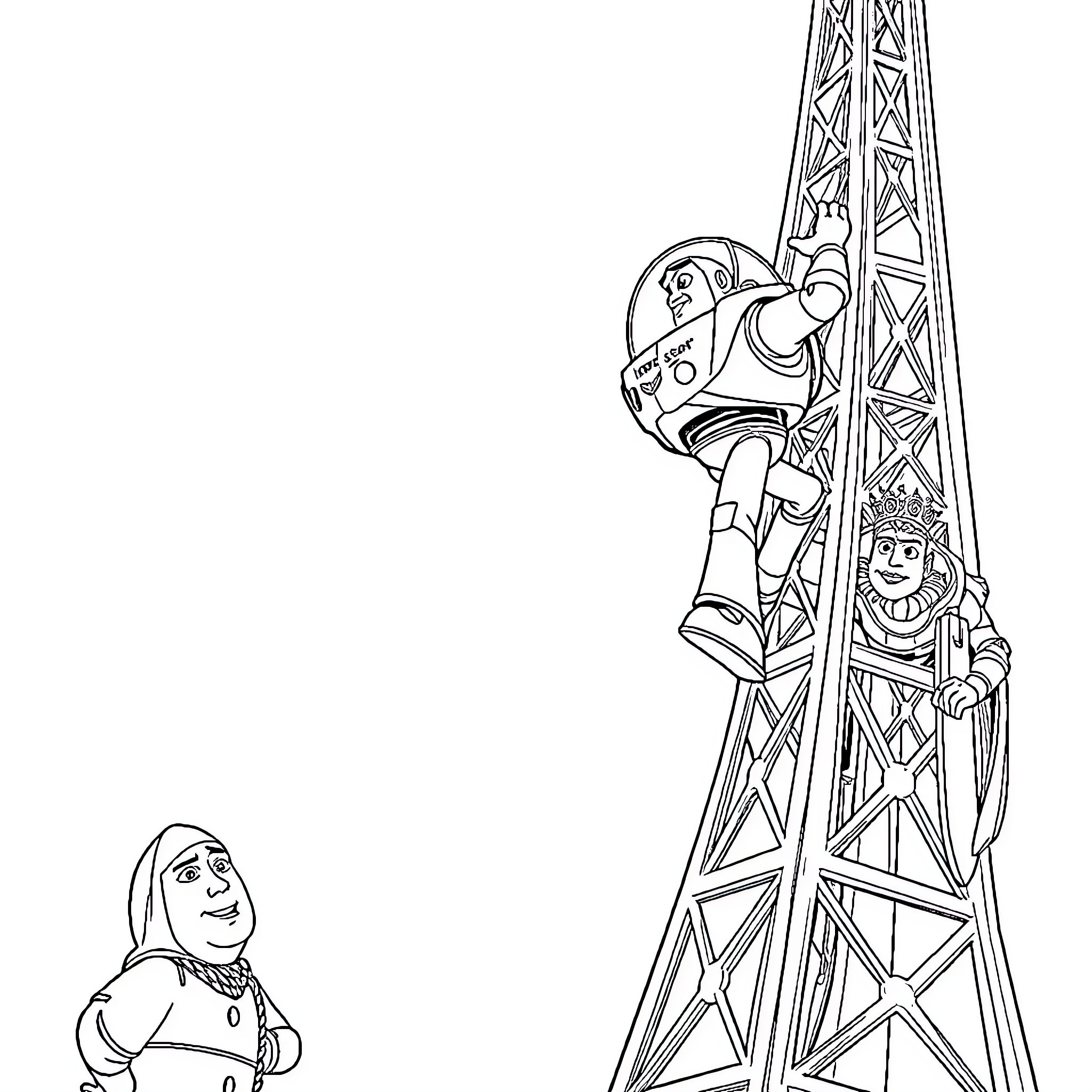 Woody and Buzz scaling a tall structure Coloring Page (free black-and-white line drawing printable PDF for all, from beginners to advanced learners, including children, teens, adults, and seniors)