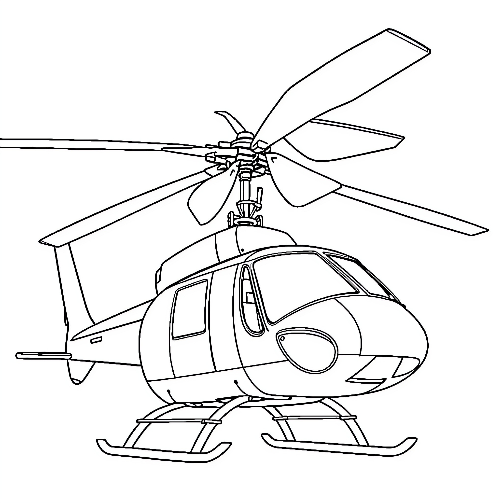 Helicopter in flight with rotating blades Coloring Page (free black-and-white line drawing printable PDF for all, from beginners to advanced learners, including children, teens, adults, and seniors)