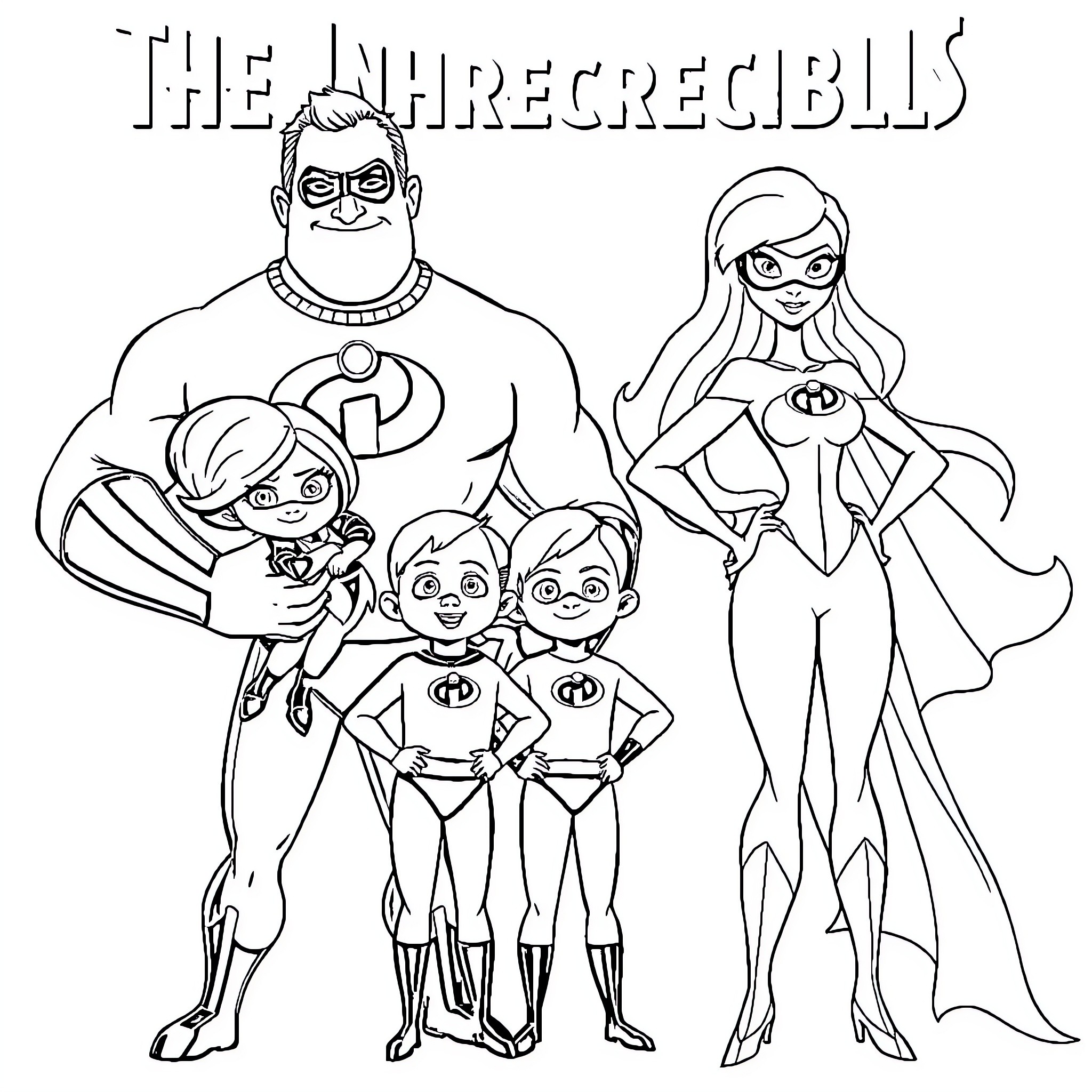 The Incredibles Family Assembled in Action Coloring Page (free black-and-white line drawing printable PDF for all, from beginners to advanced learners, including children, teens, adults, and seniors)