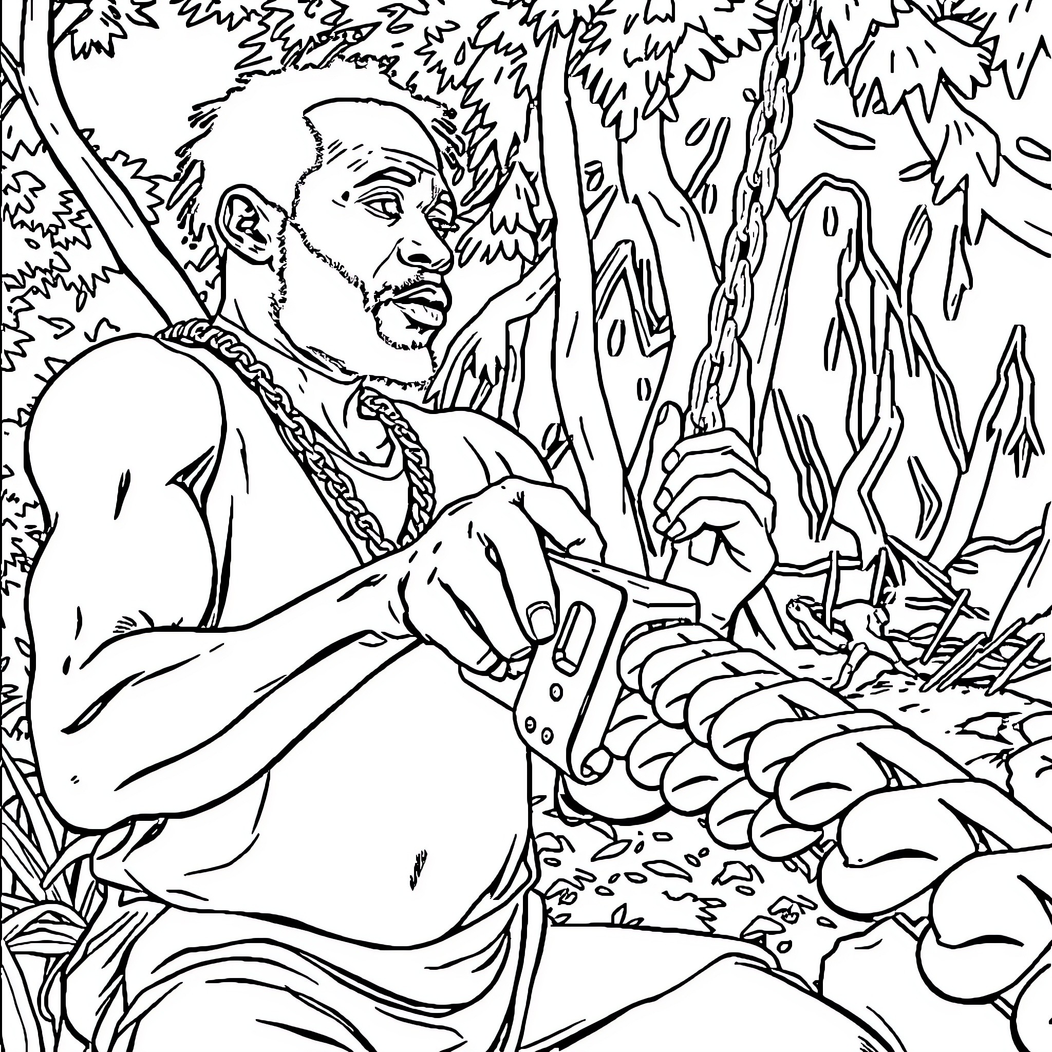 Homme hunting in the wilderness Coloring Page (free black-and-white line drawing printable PDF for all, from beginners to advanced learners, including children, teens, adults, and seniors)