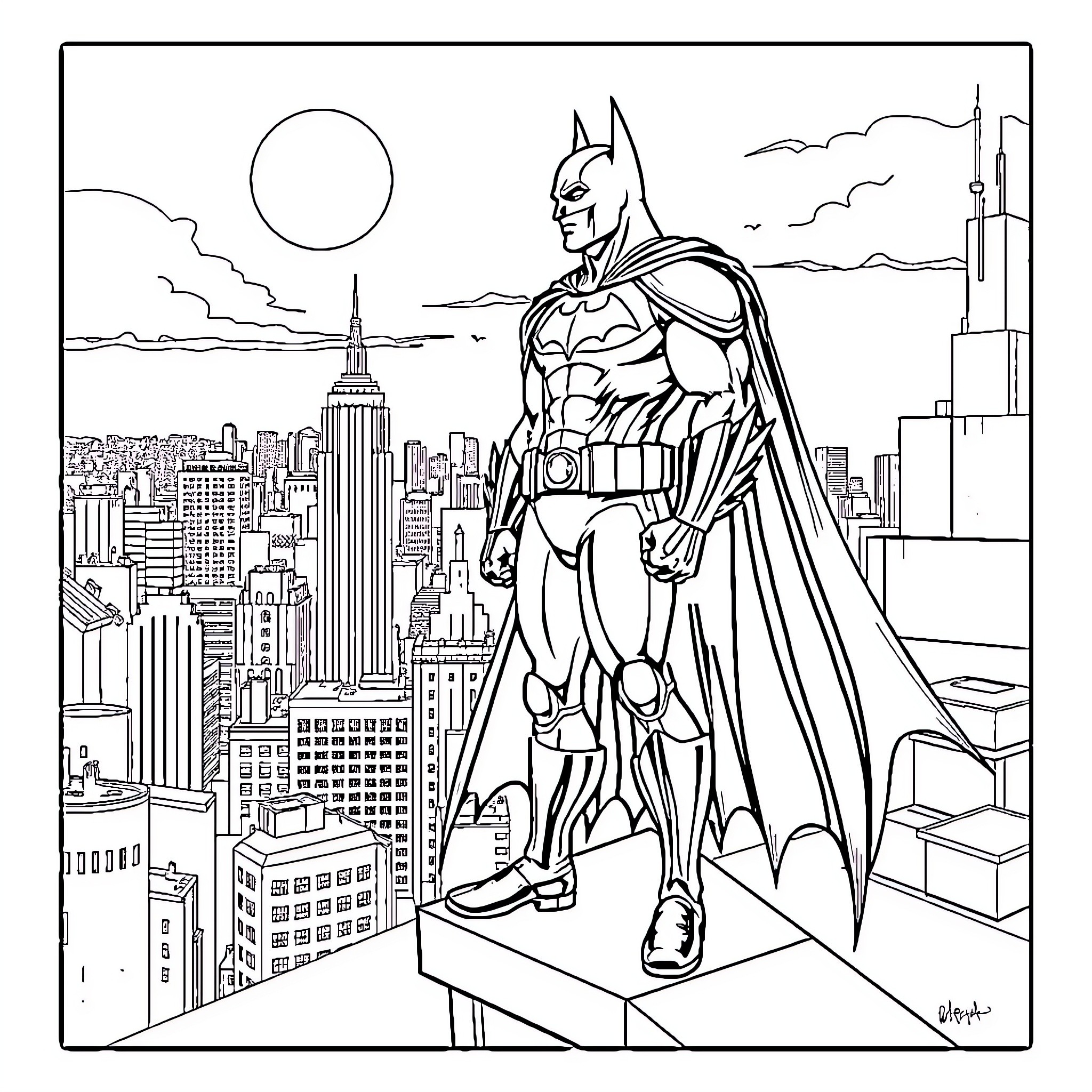 Batman standing tall over the city skyline Coloring Page (free black-and-white line drawing printable PDF for all, from beginners to advanced learners, including children, teens, adults, and seniors)