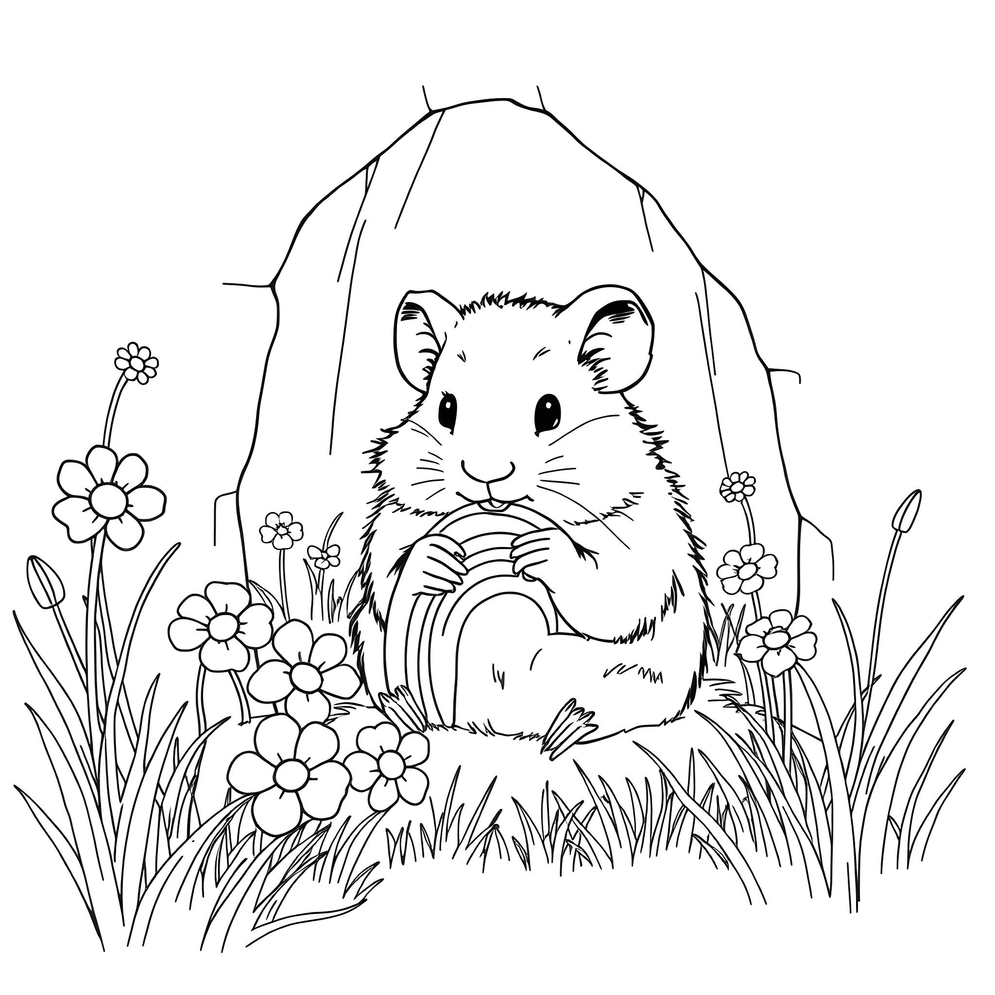 Hamster relaxing in the garden surrounded by flowers Coloring Page (free black-and-white line drawing printable PDF for all, from beginners to advanced learners, including children, teens, adults, and seniors)