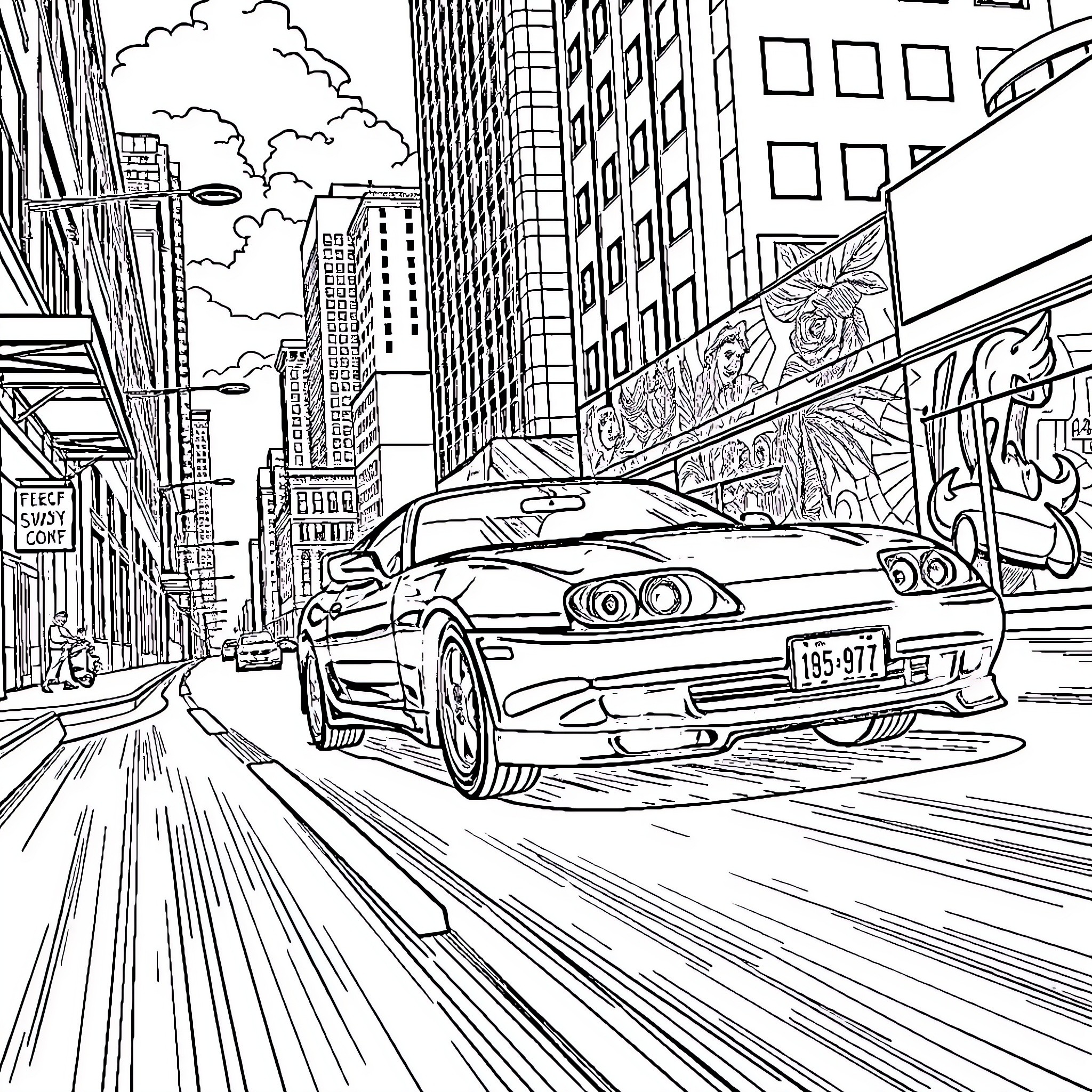 Supra speeding through the city streets Coloring Page (free black-and-white line drawing printable PDF for all, from beginners to advanced learners, including children, teens, adults, and seniors)