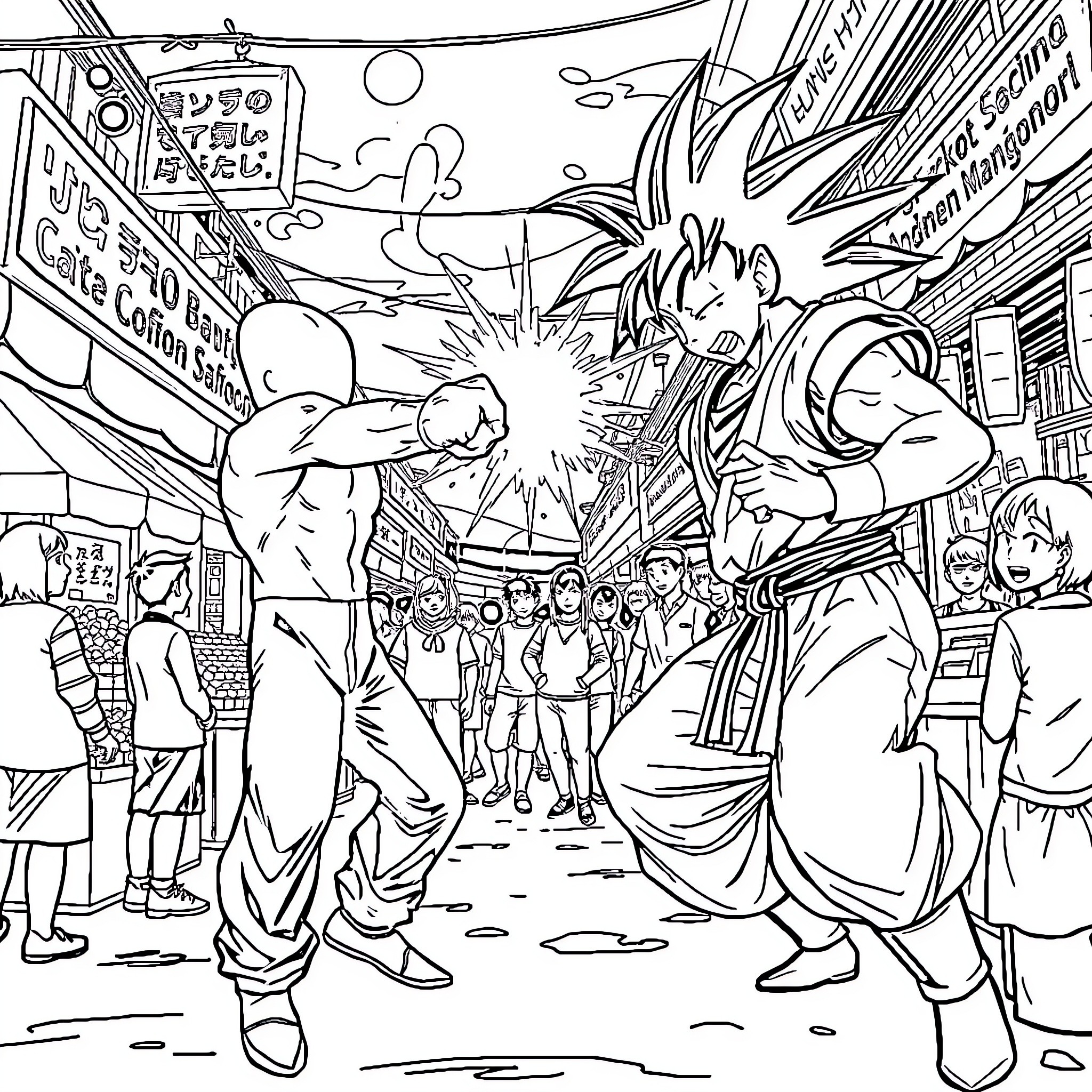 Saitama's Intense Street Fight in Crowded City Coloring Page (free black-and-white line drawing printable PDF for all, from beginners to advanced learners, including children, teens, adults, and seniors)