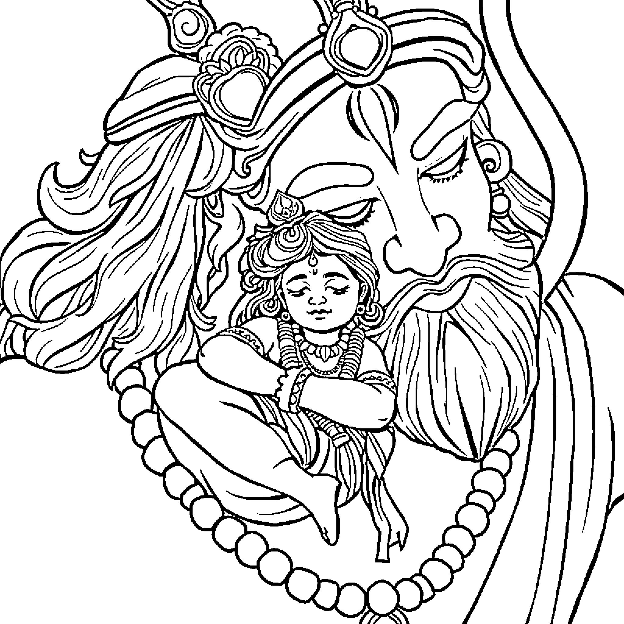 Krishna's divine love and tenderness in artistic illustration Coloring Page (free black-and-white line drawing printable PDF for all, from beginners to advanced learners, including children, teens, adults, and seniors)