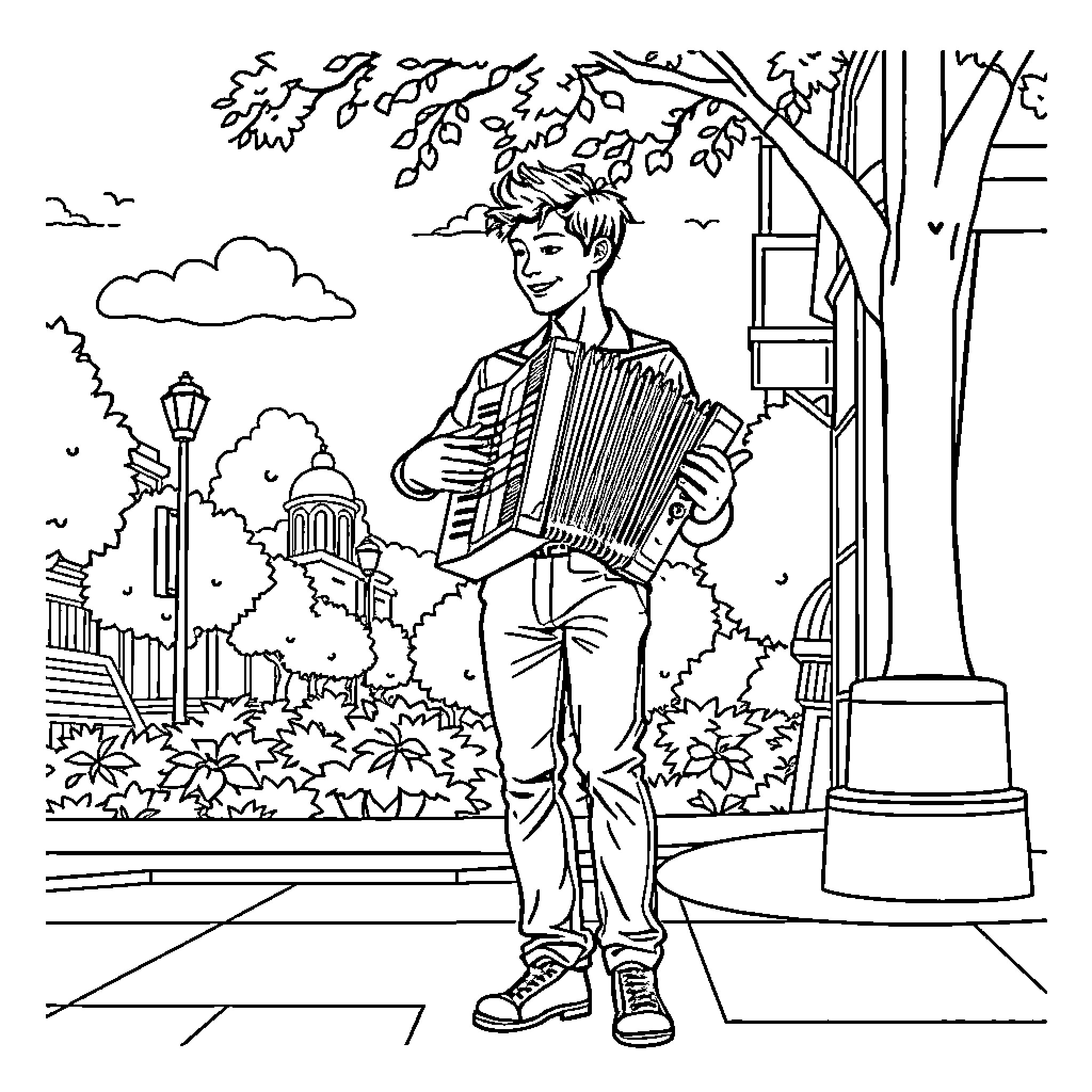Accordion Player Performing in the Park Coloring Page (free black-and-white line drawing printable PDF for all, from beginners to advanced learners, including children, teens, adults, and seniors)