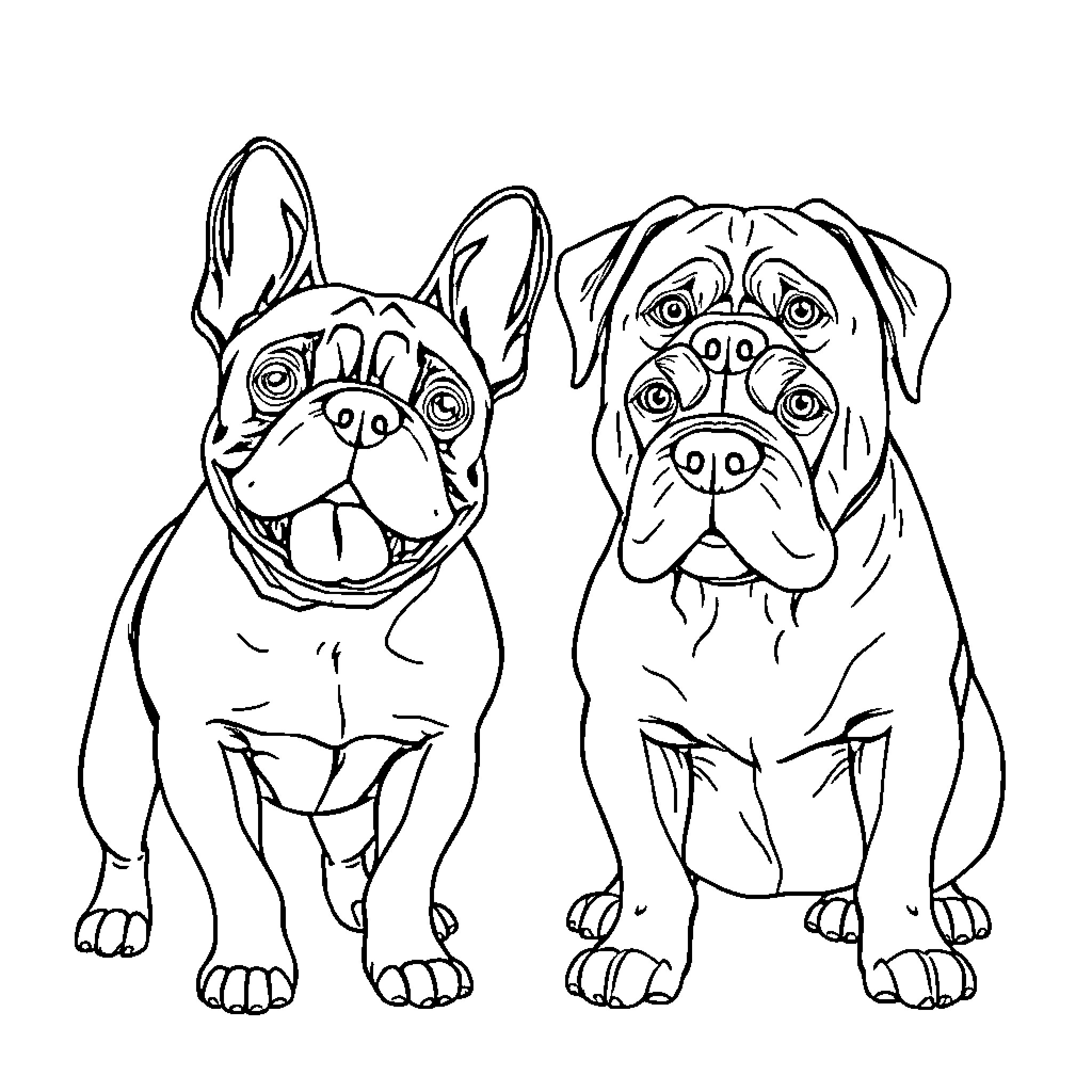 Dogs posing happily together Coloring Page (free black-and-white line drawing printable PDF for all, from beginners to advanced learners, including children, teens, adults, and seniors)