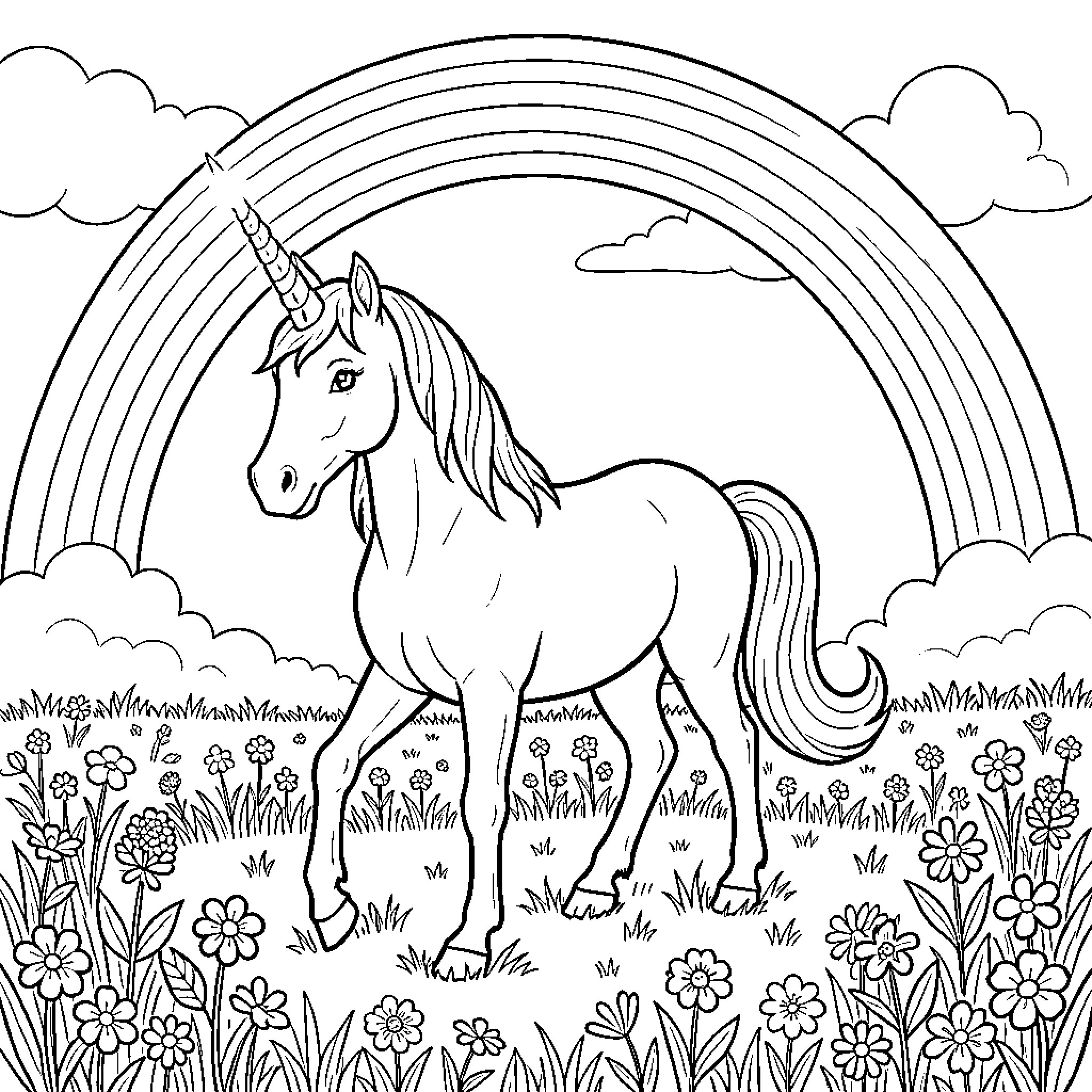 Unicorn grazing peacefully in a floral meadow Coloring Page (free black-and-white line drawing printable PDF for all, from beginners to advanced learners, including children, teens, adults, and seniors)