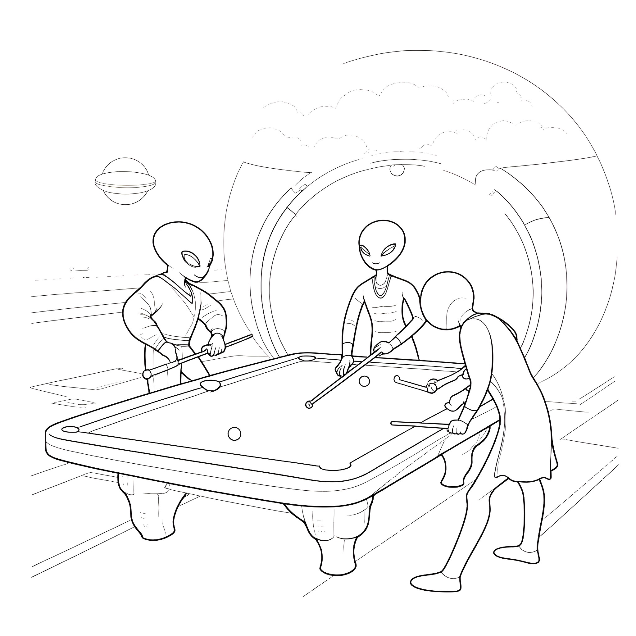 Alien beings playing pool in a futuristic setting Coloring Page (free black-and-white line drawing printable PDF for all, from beginners to advanced learners, including children, teens, adults, and seniors)